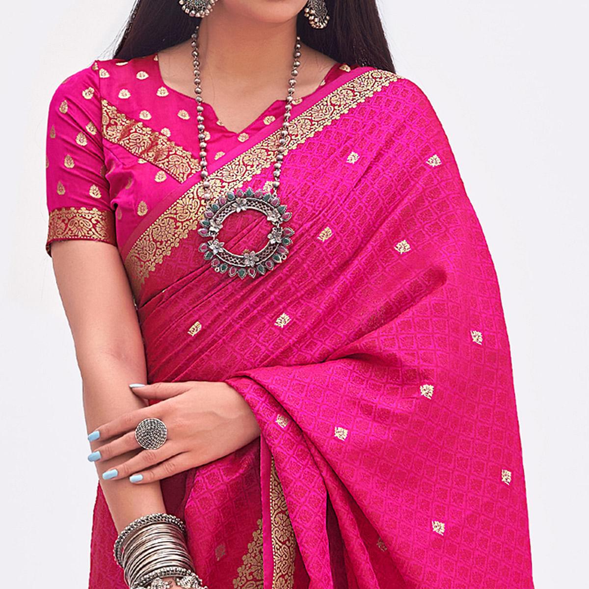 Pink Woven Banarasi Silk Saree - Peachmode