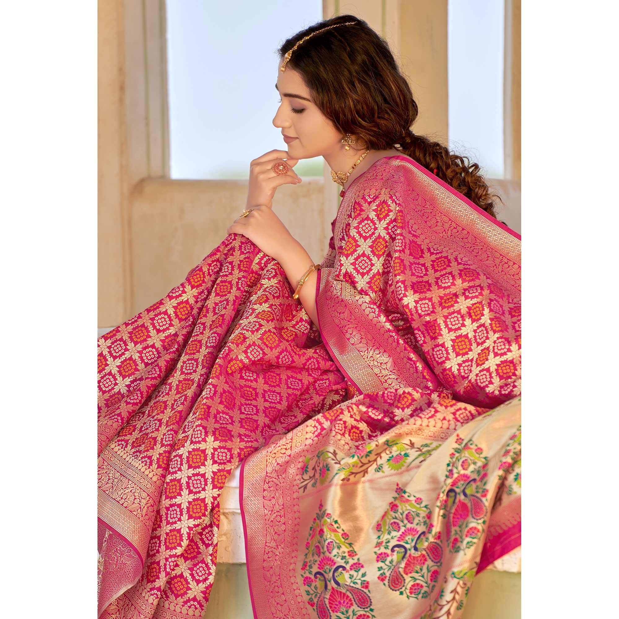 Pink Woven Banarasi Silk Saree - Peachmode