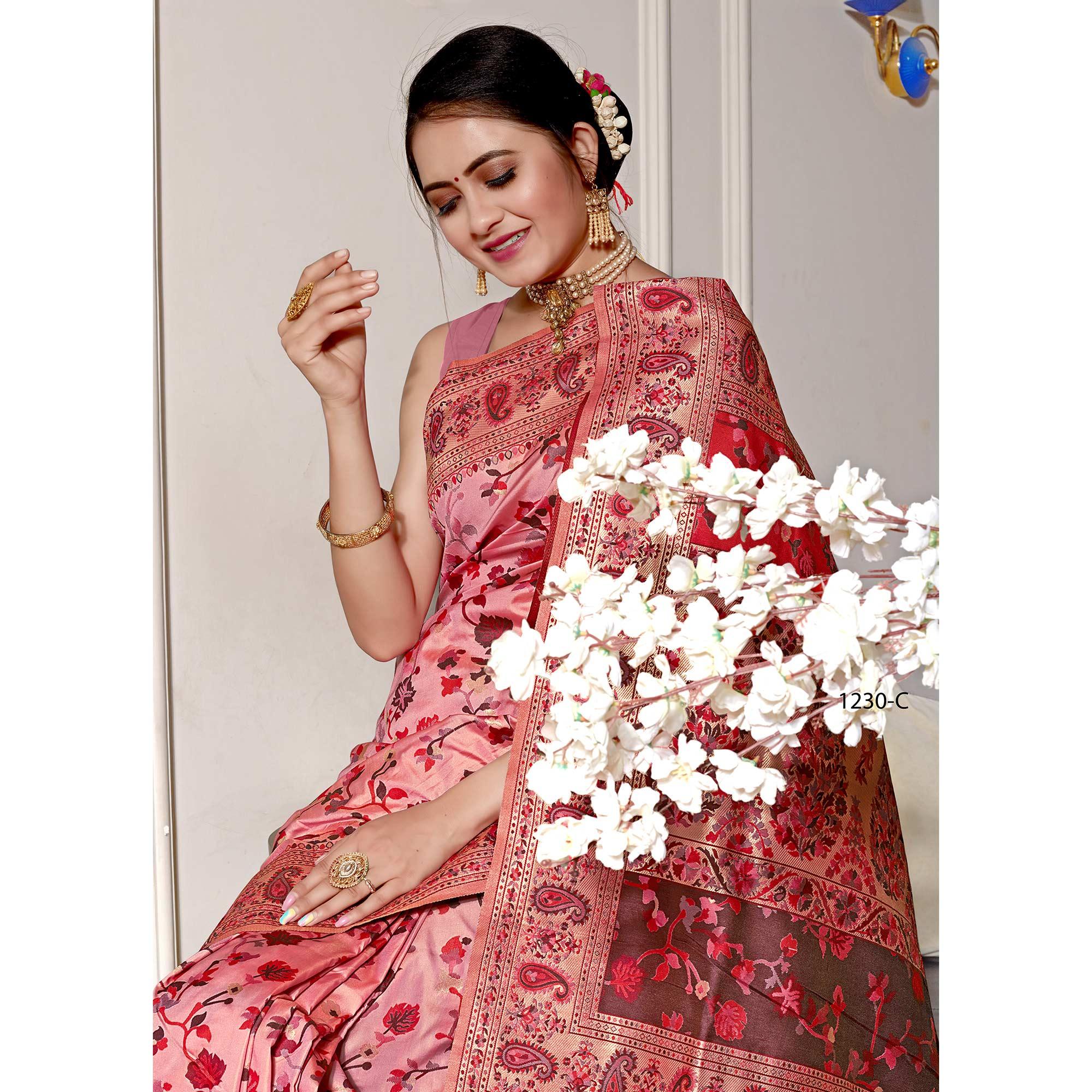 Pink Woven Banarasi Silk Saree - Peachmode