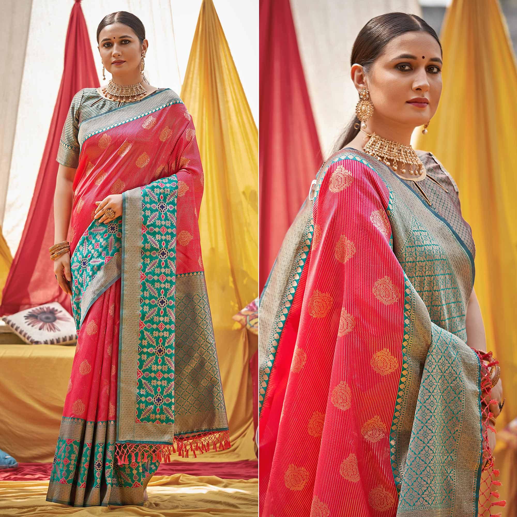 Pink Woven Banarasi Silk Saree With Tassels - Peachmode