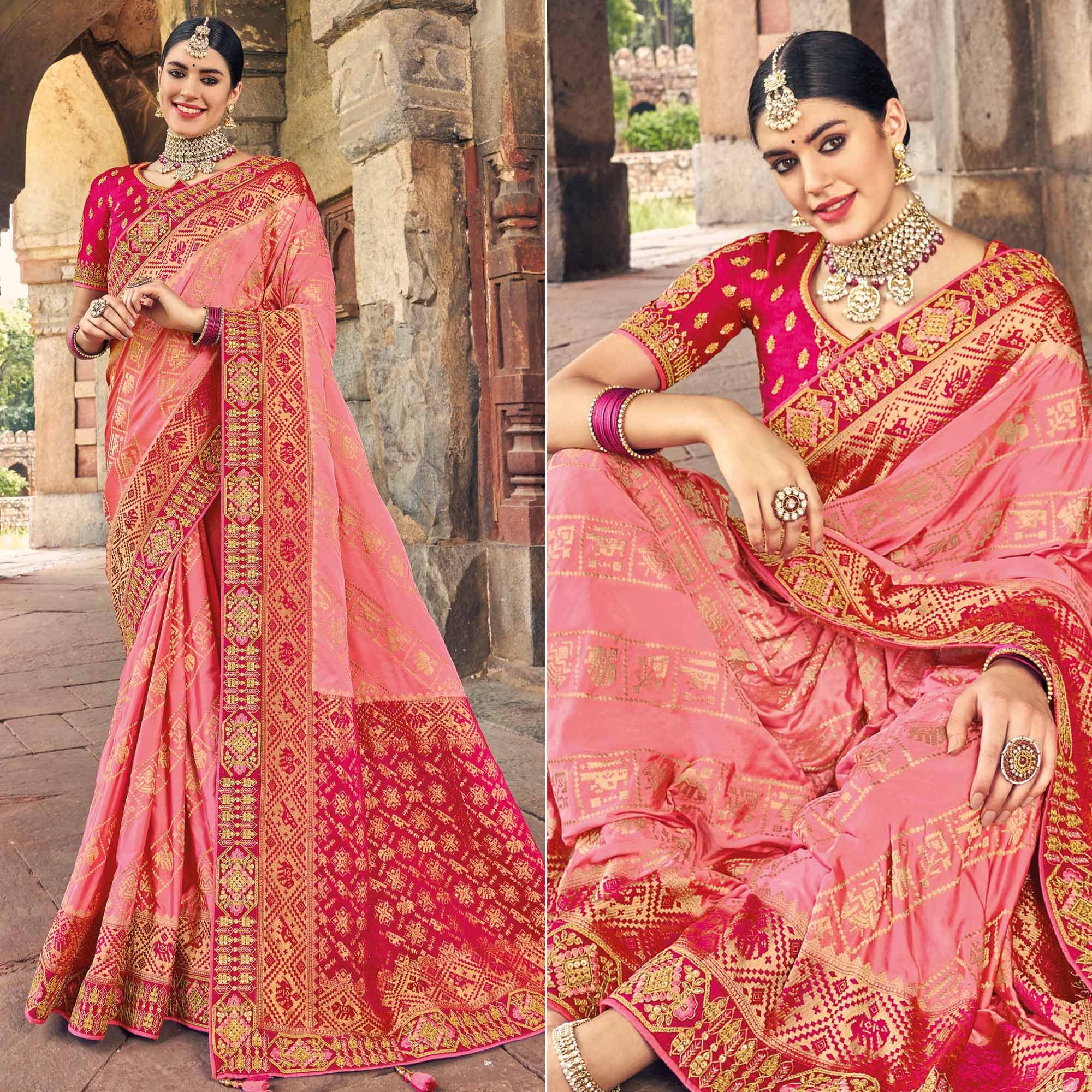 Pink Woven Banarasi Silk Saree With Tassels - Peachmode