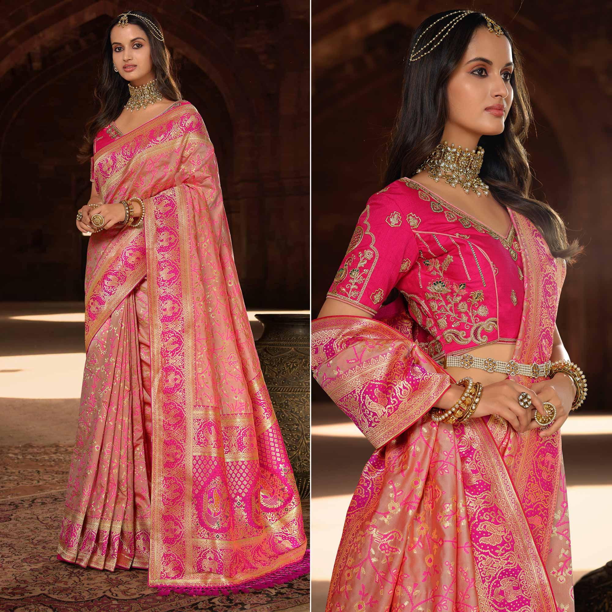 Pink Woven Banarasi Silk Saree With Tassels - Peachmode