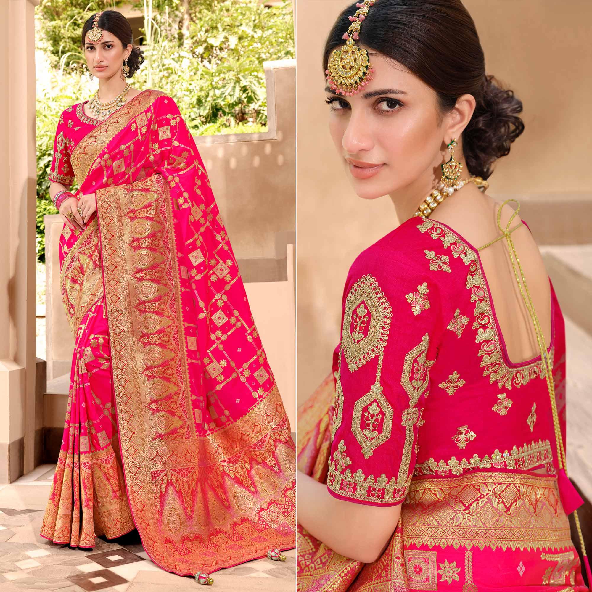 Pink Woven Banarasi Silk Saree With Tassels - Peachmode