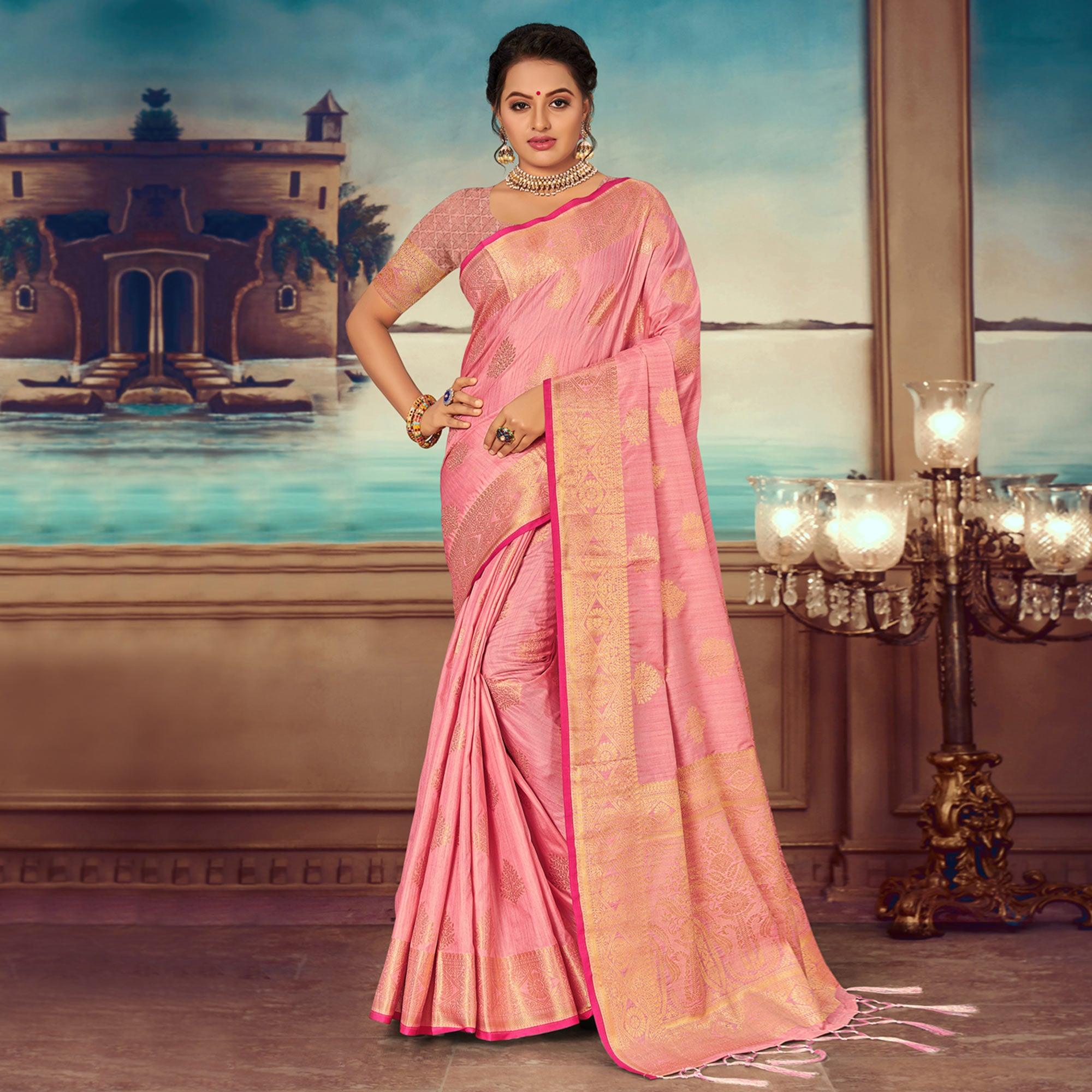 Pink Woven Banarasi Silk Saree With Tassels - Peachmode
