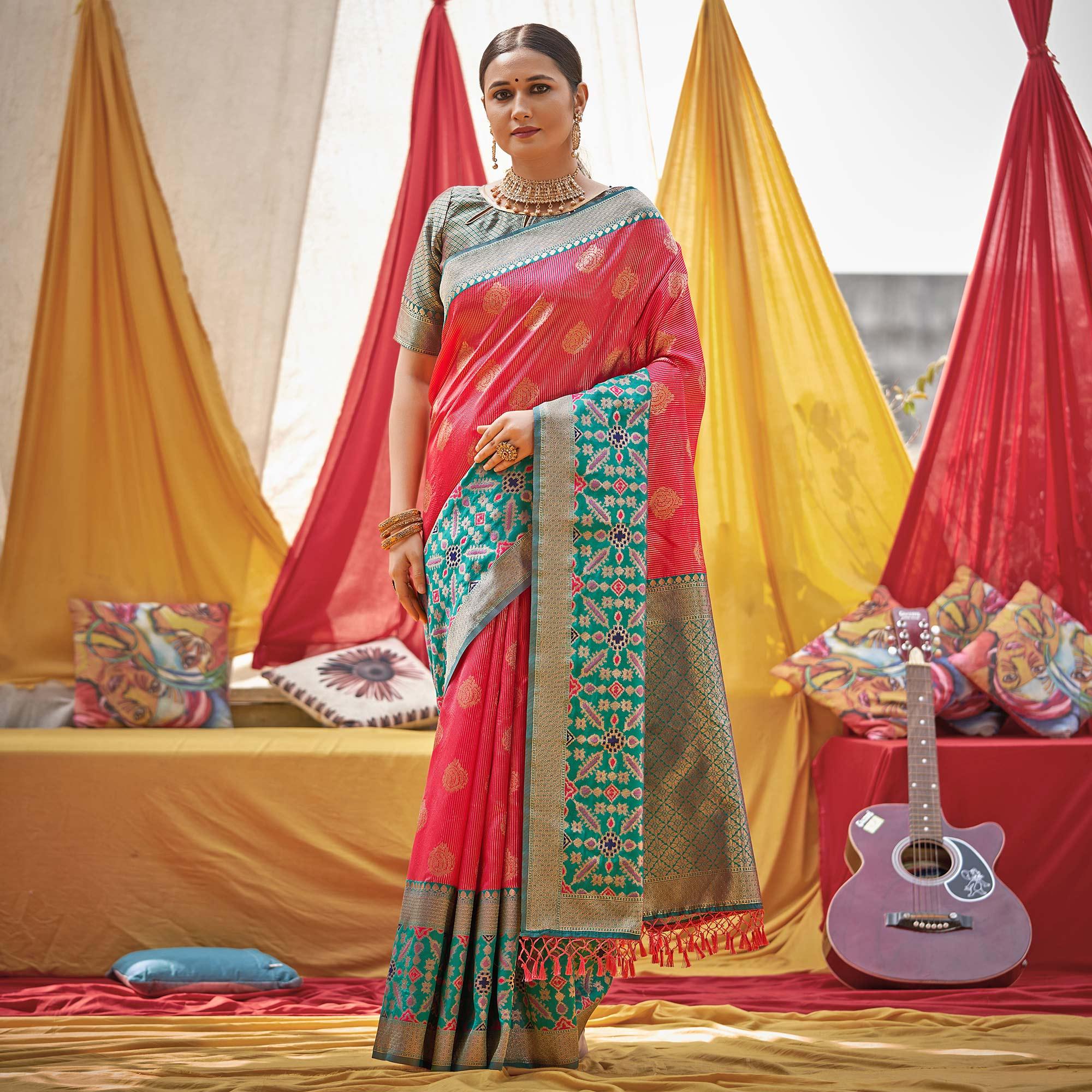Pink Woven Banarasi Silk Saree With Tassels - Peachmode