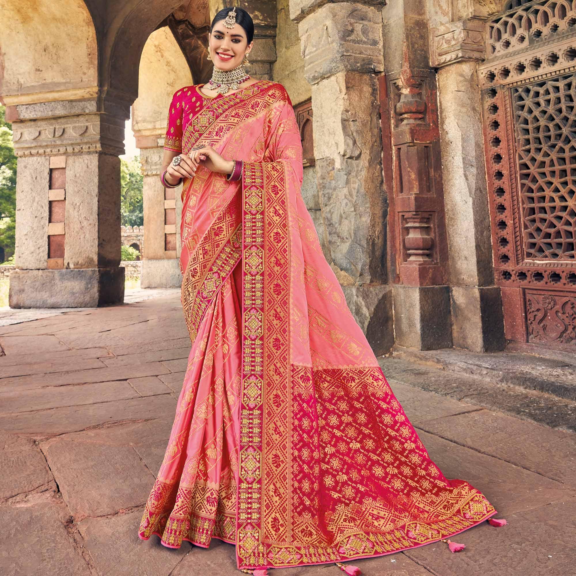 Pink Woven Banarasi Silk Saree With Tassels - Peachmode