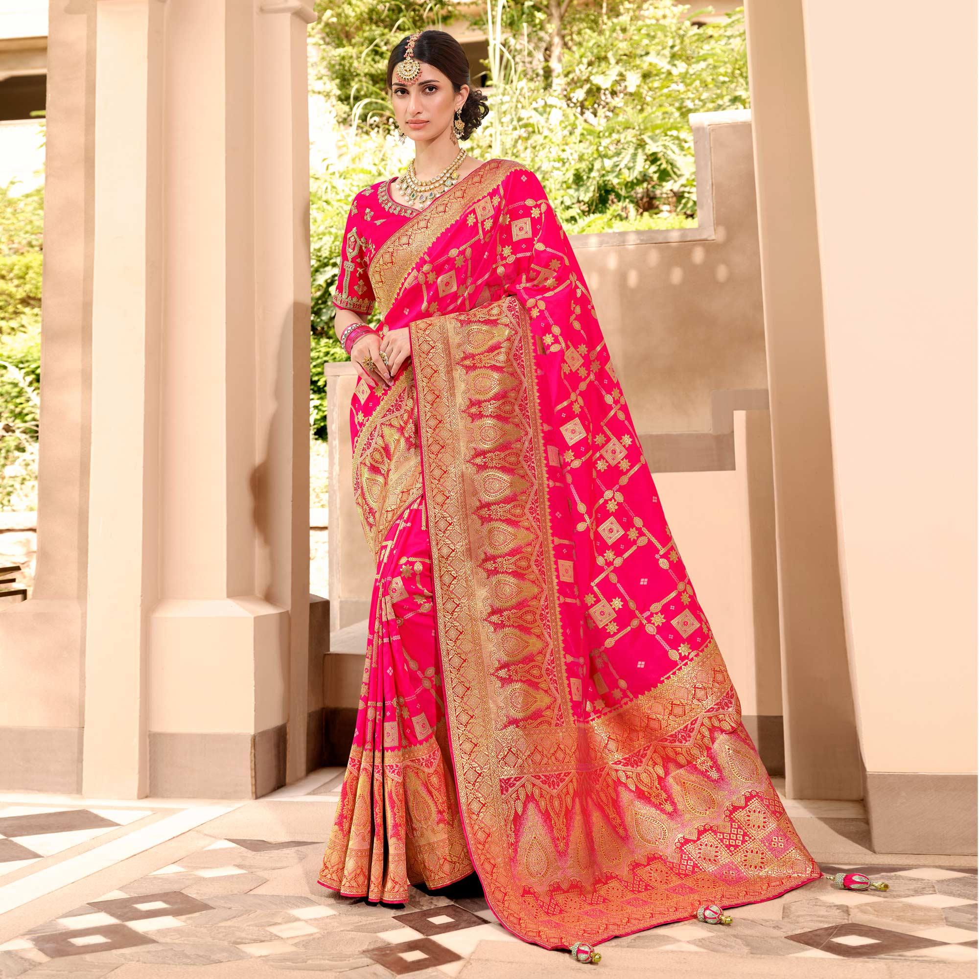 Pink Woven Banarasi Silk Saree With Tassels - Peachmode