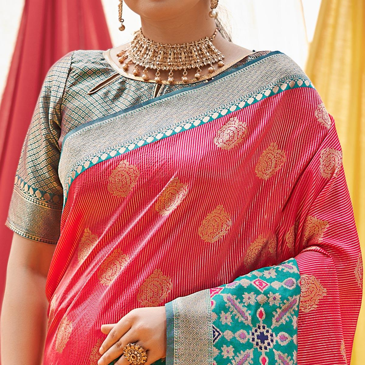 Pink Woven Banarasi Silk Saree With Tassels - Peachmode