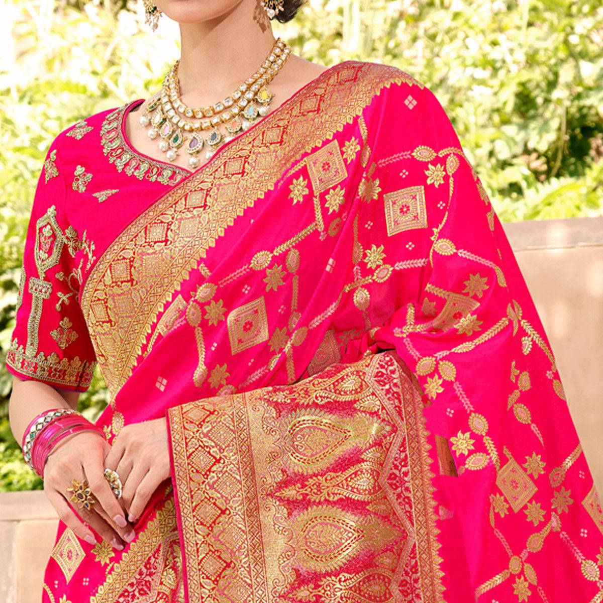 Pink Woven Banarasi Silk Saree With Tassels - Peachmode