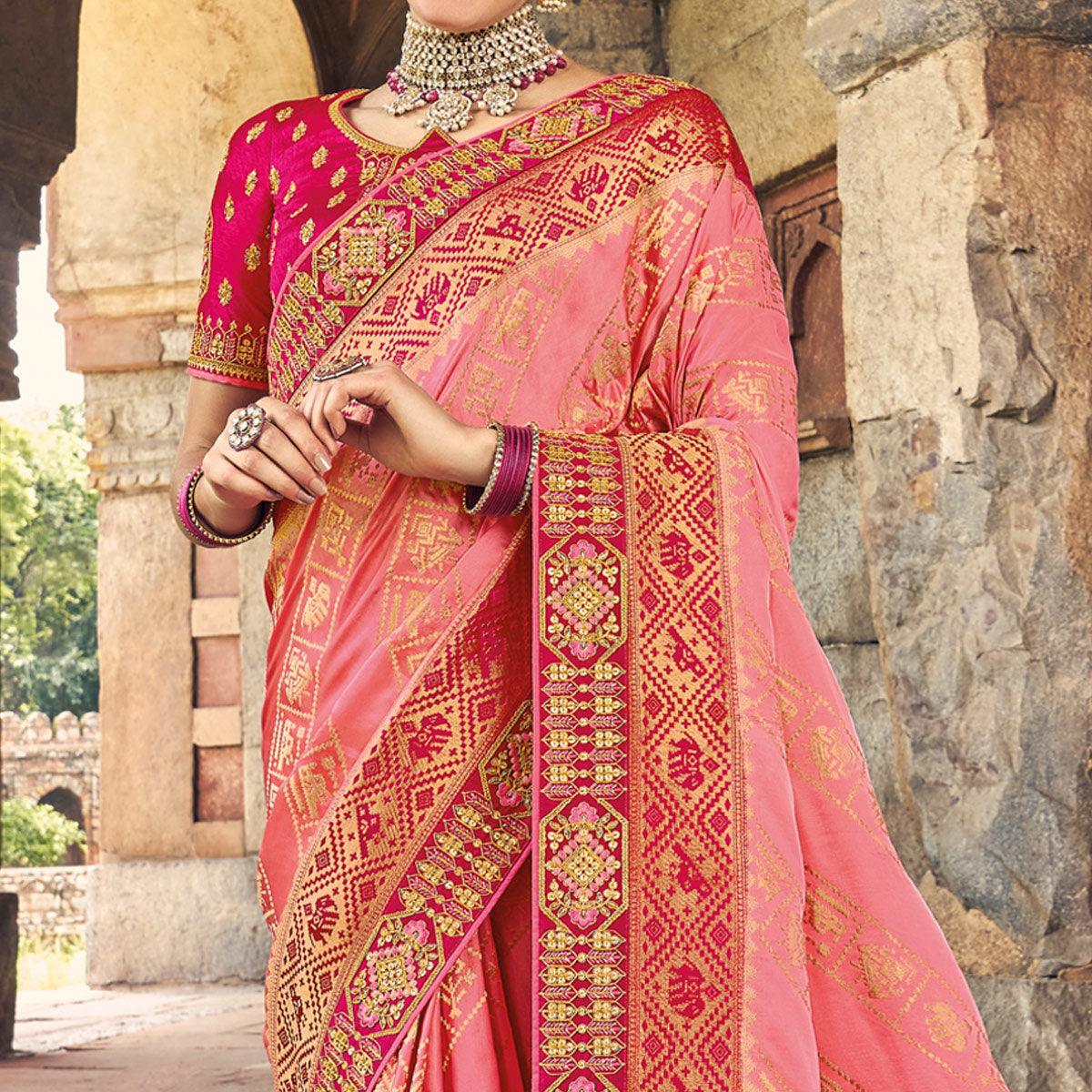 Pink Woven Banarasi Silk Saree With Tassels - Peachmode