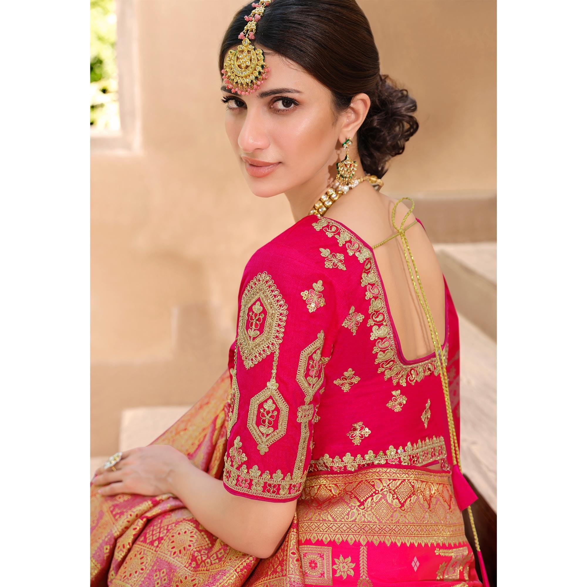 Pink Woven Banarasi Silk Saree With Tassels - Peachmode