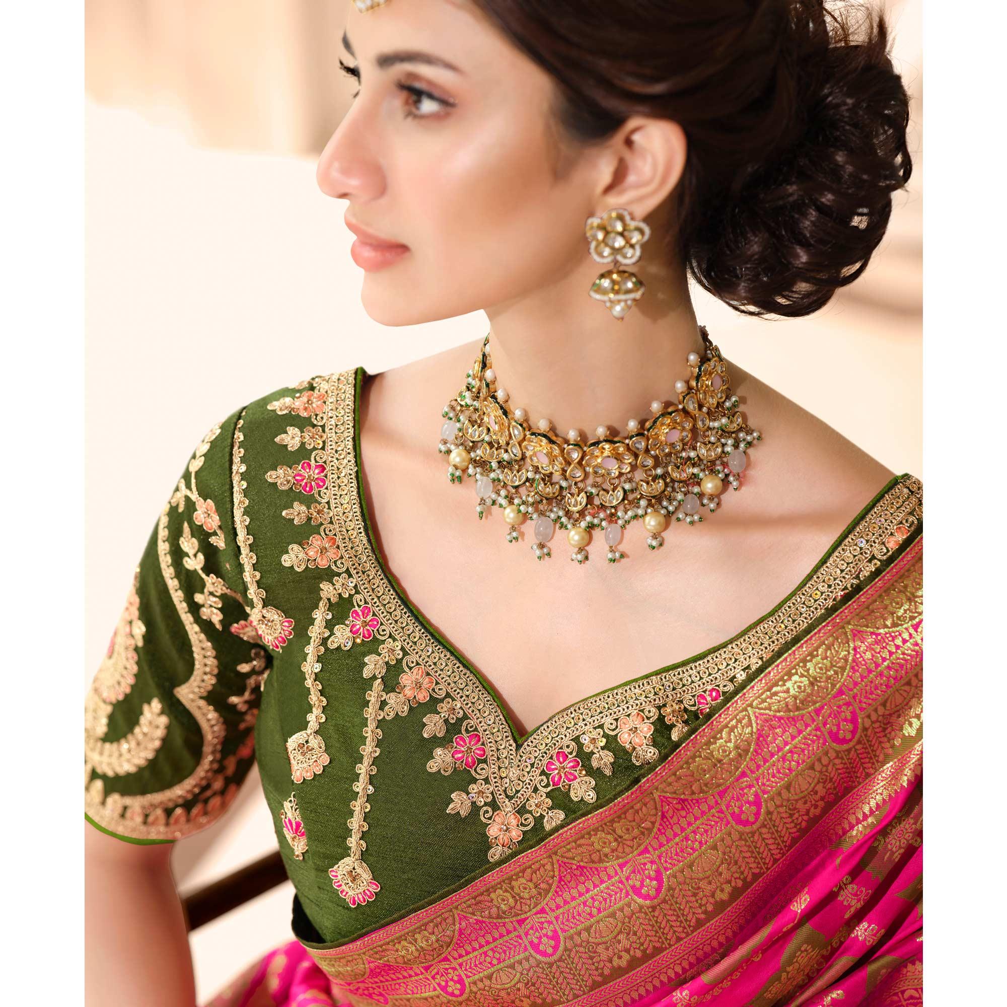Pink Woven Banarasi Silk Saree With Tassels - Peachmode