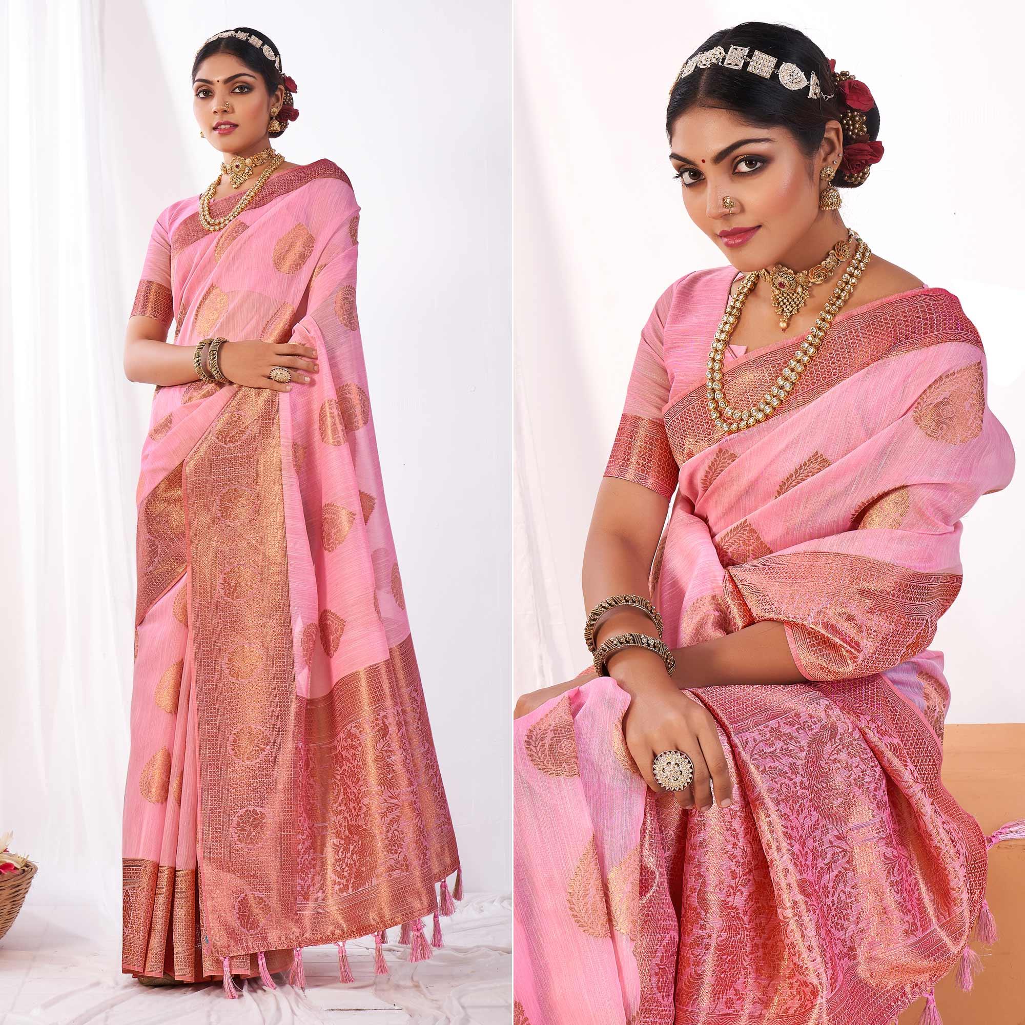 Pink Woven Banarasi Style Linen Saree - Peachmode