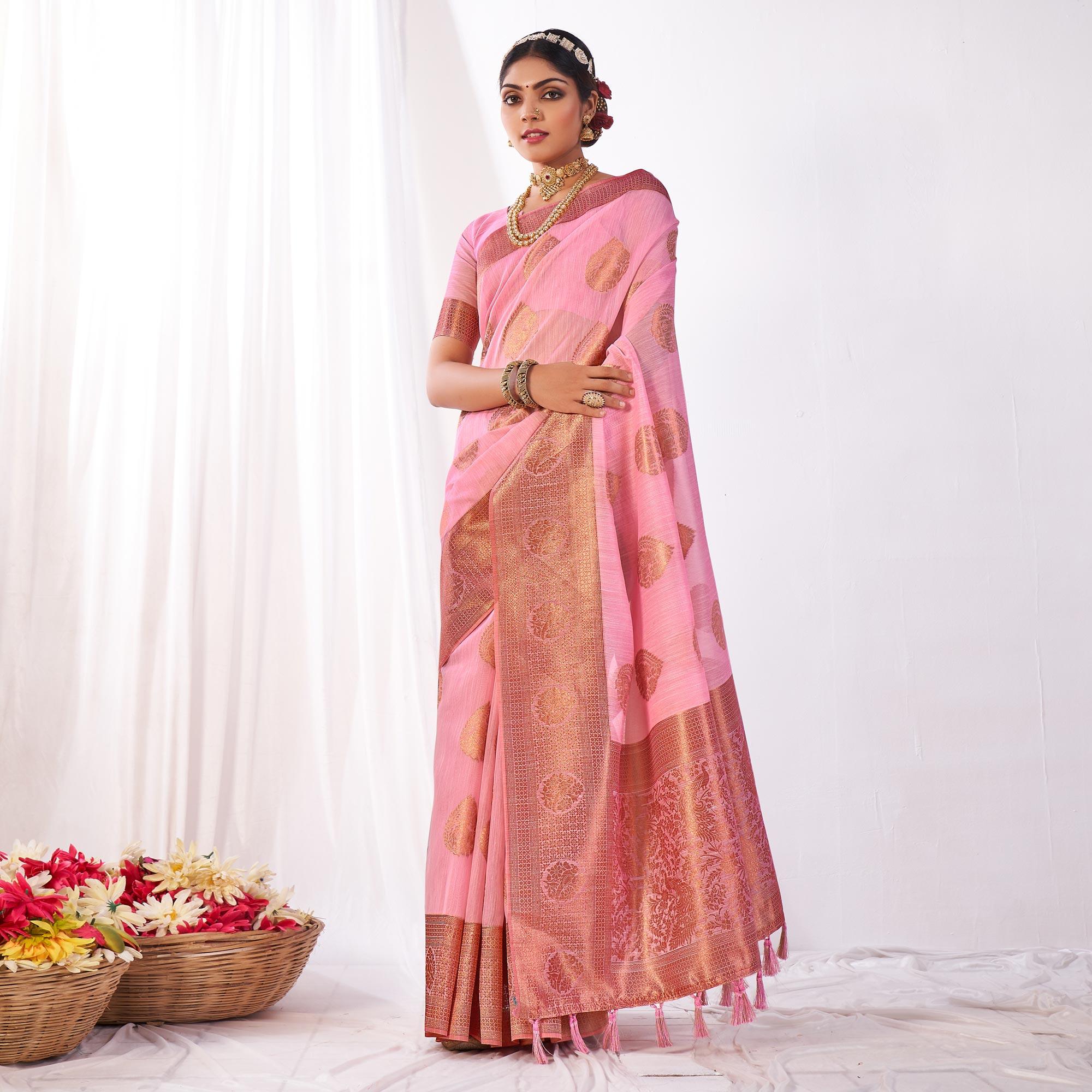 Pink Woven Banarasi Style Linen Saree - Peachmode