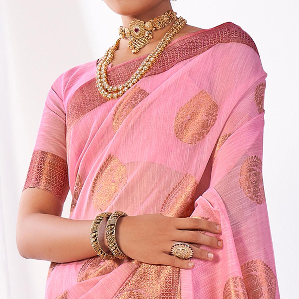 Pink Woven Banarasi Style Linen Saree - Peachmode