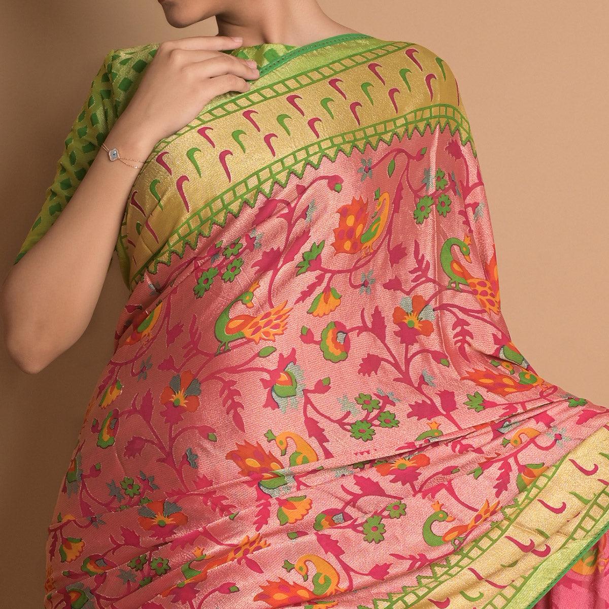 Pink Woven Brasso Saree - Peachmode