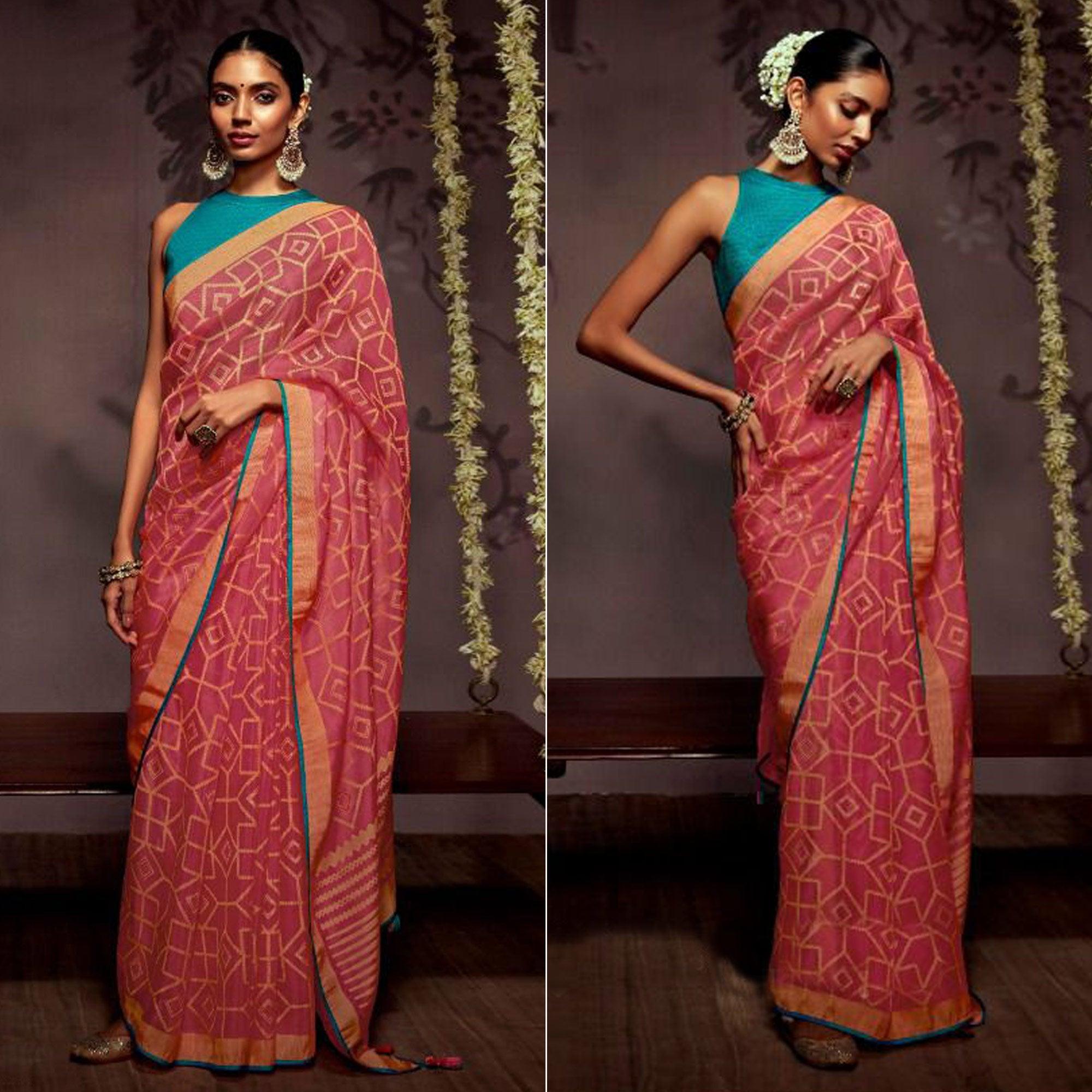 Pink Woven Brasso Saree With Tassels - Peachmode