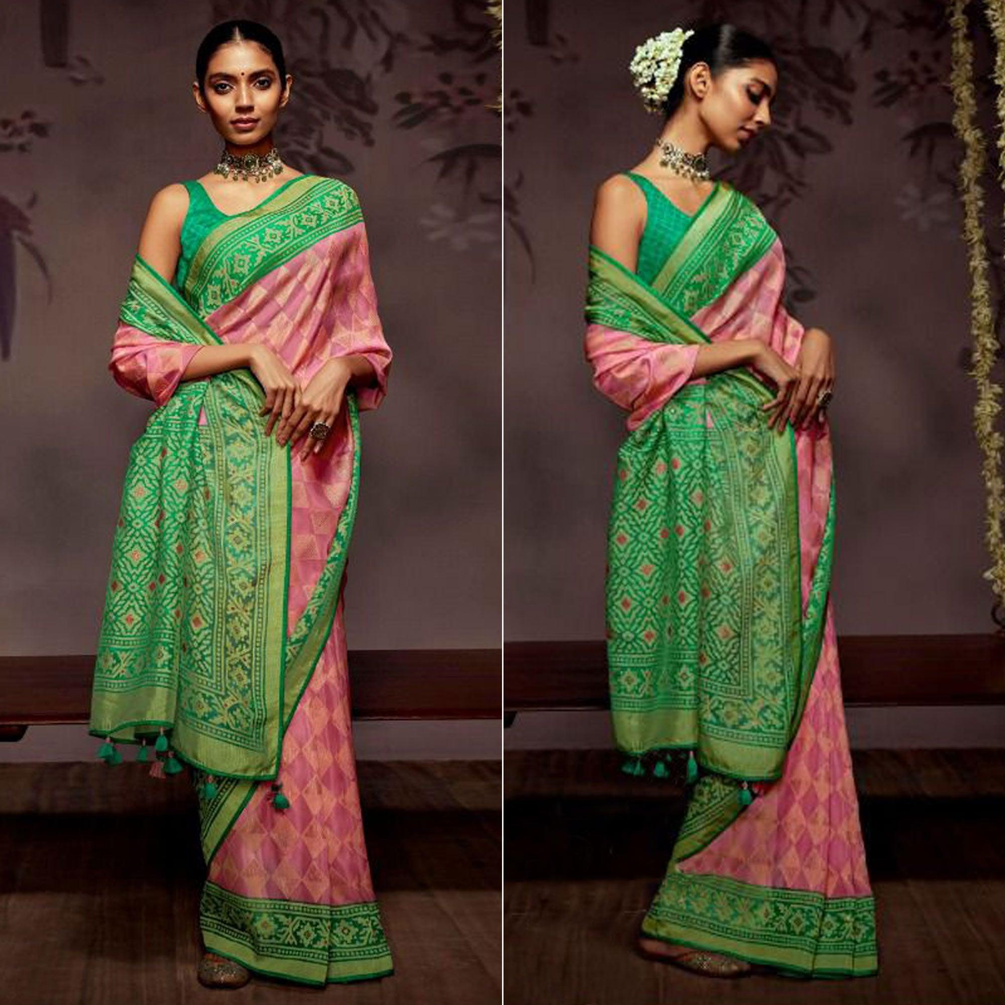 Pink Woven Brasso Saree With Tassels - Peachmode