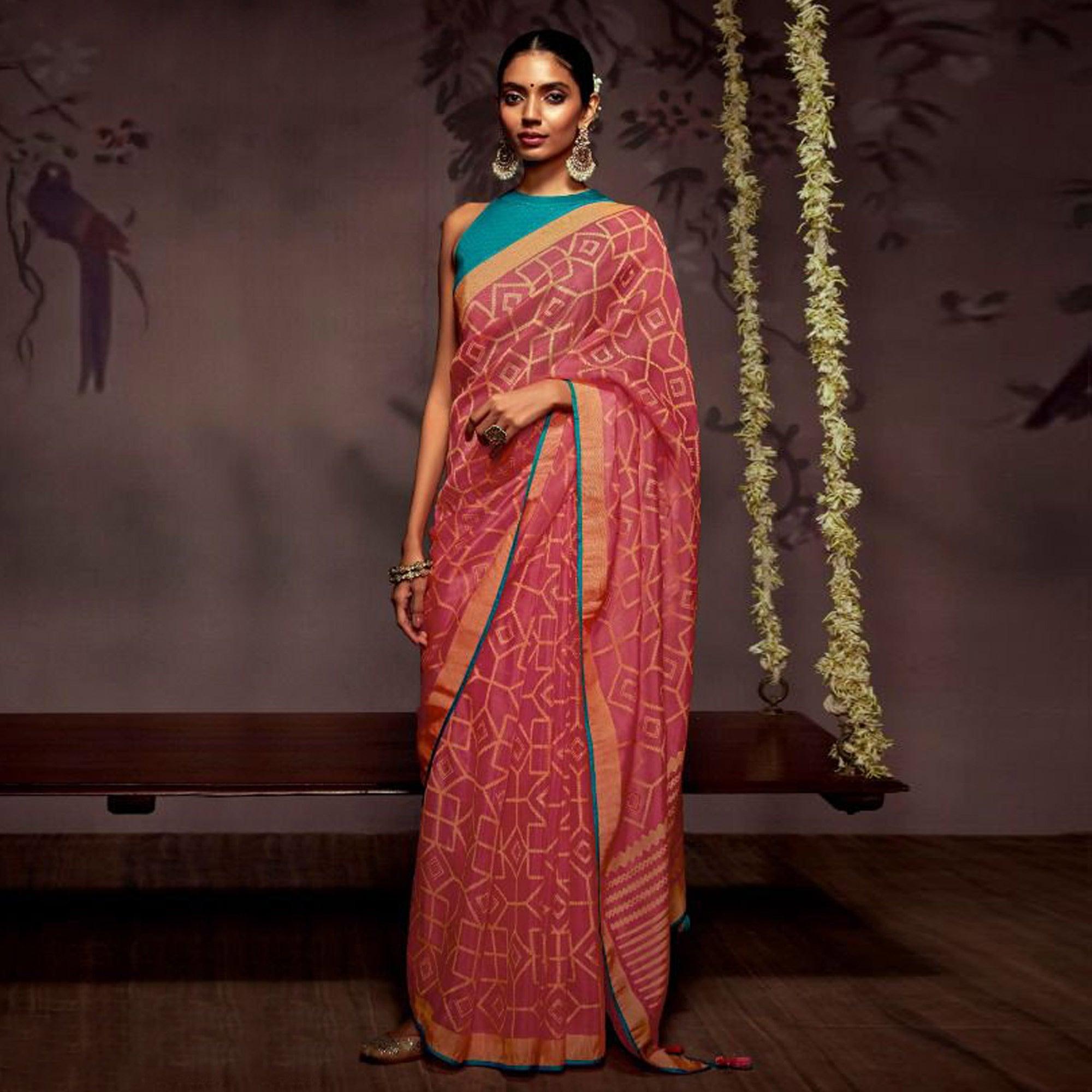 Pink Woven Brasso Saree With Tassels - Peachmode