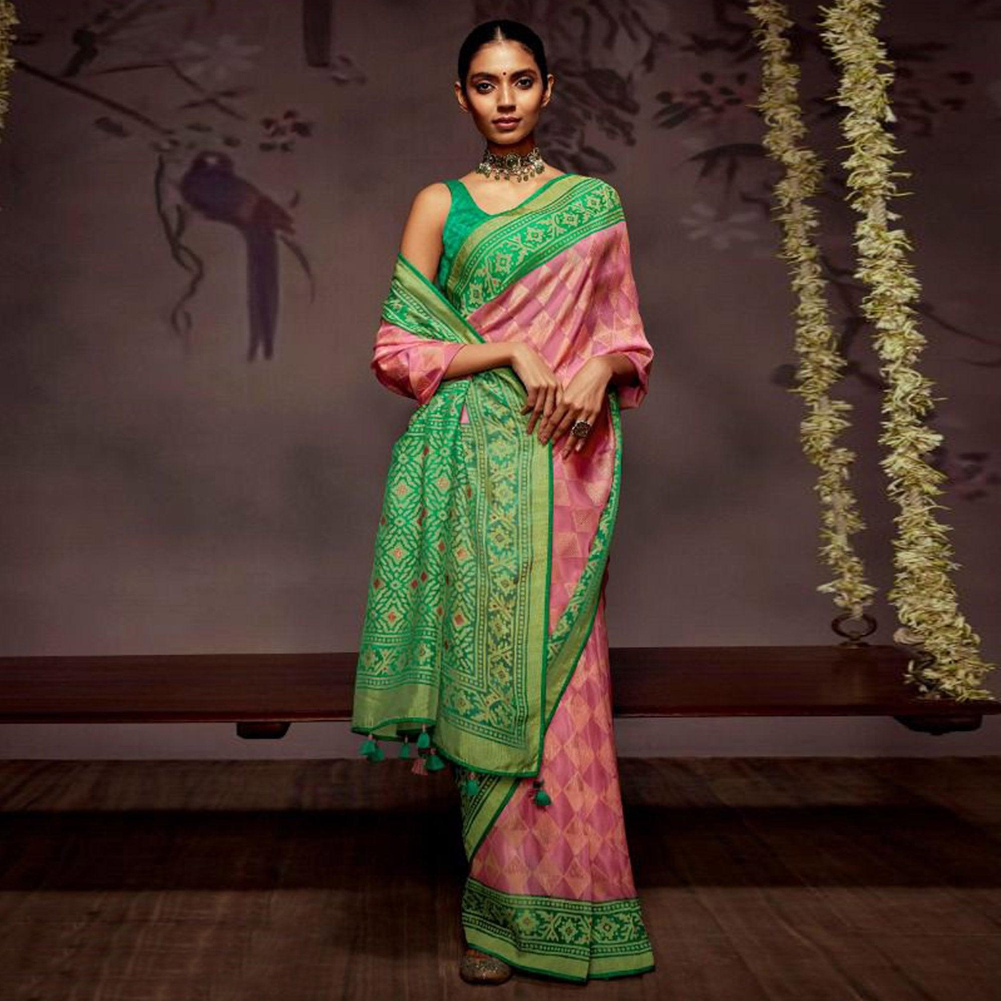 Pink Woven Brasso Saree With Tassels - Peachmode