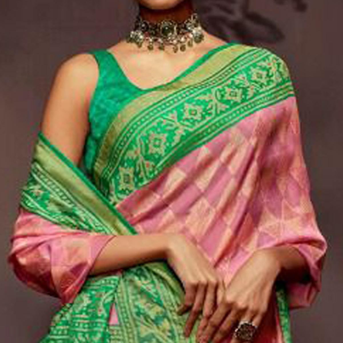 Pink Woven Brasso Saree With Tassels - Peachmode