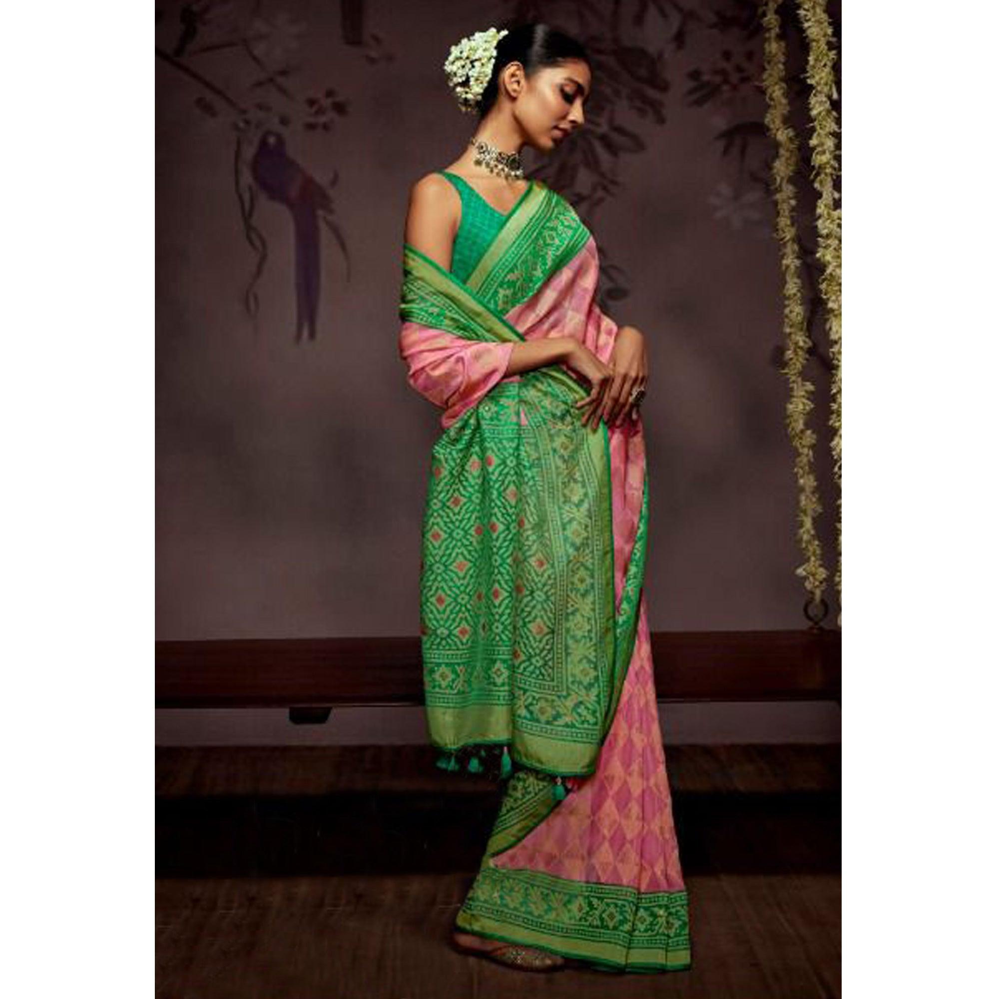 Pink Woven Brasso Saree With Tassels - Peachmode