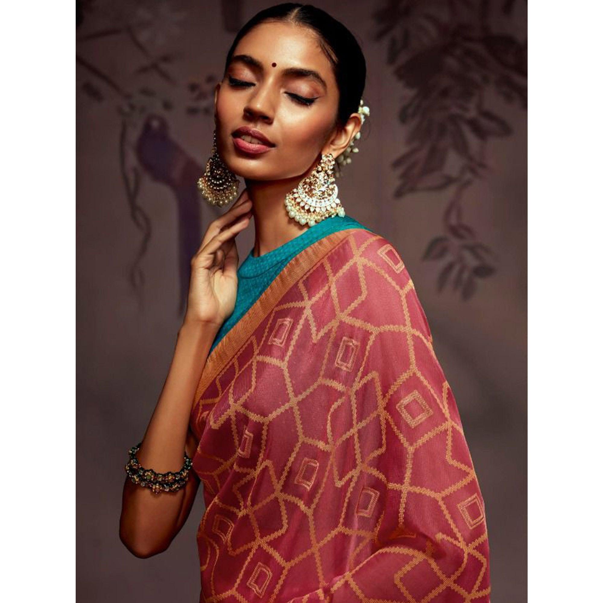 Pink Woven Brasso Saree With Tassels - Peachmode