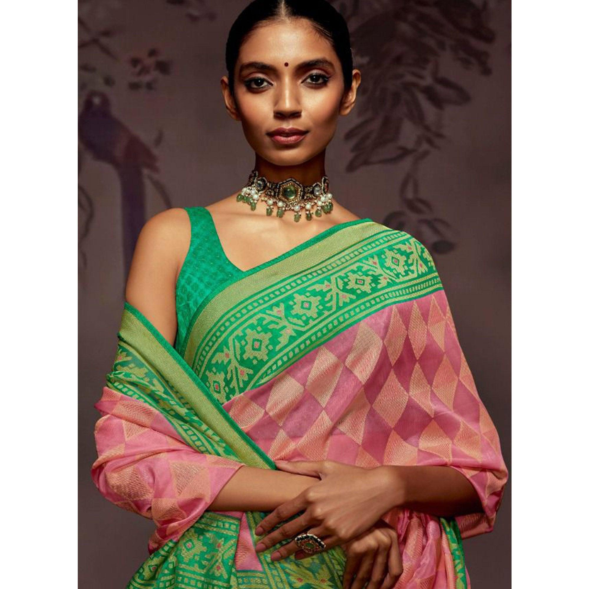 Pink Woven Brasso Saree With Tassels - Peachmode