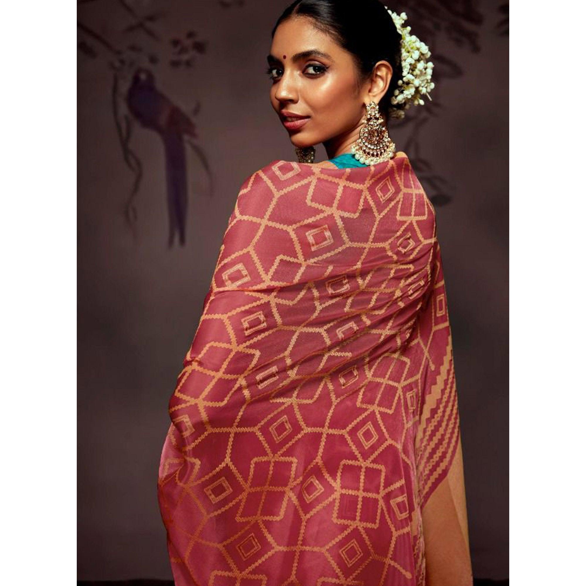 Pink Woven Brasso Saree With Tassels - Peachmode