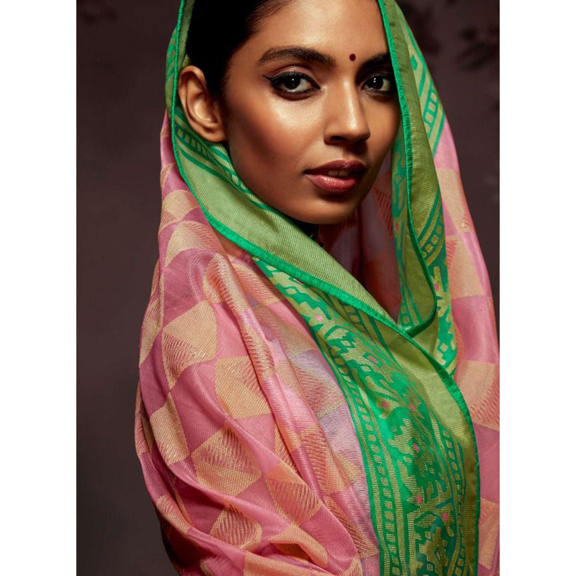 Pink Woven Brasso Saree With Tassels - Peachmode