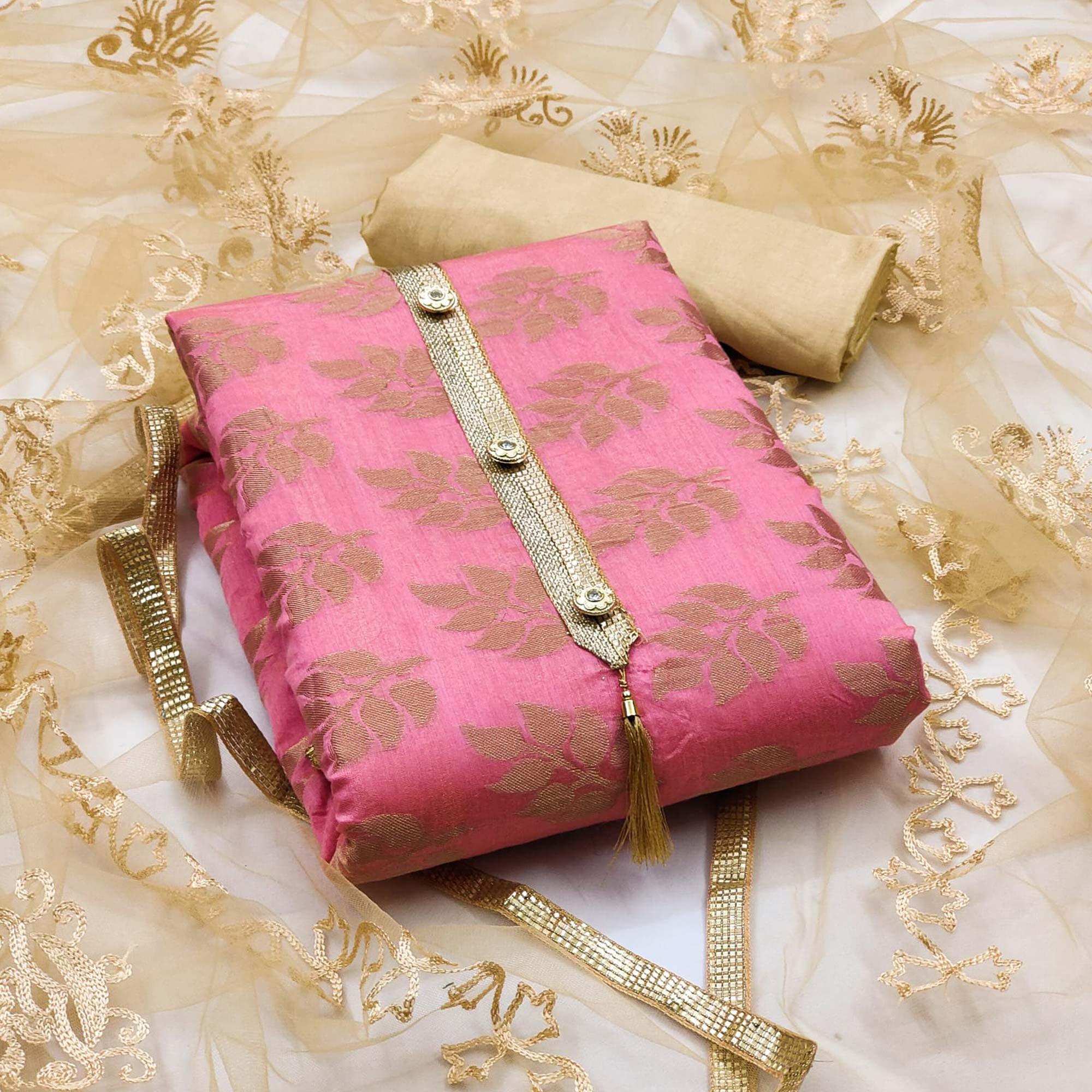 Pink Woven Chanderi Dress Material - Peachmode