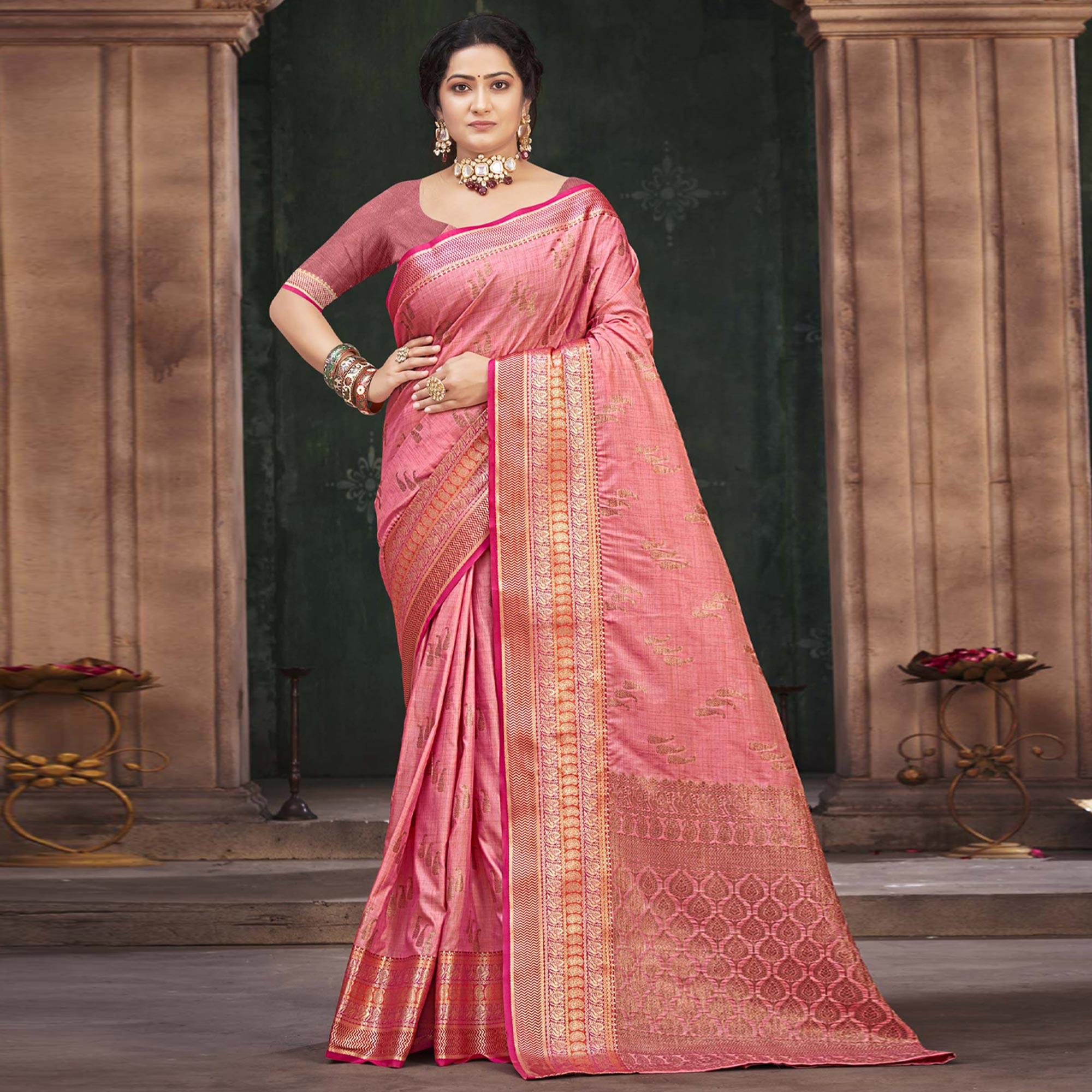 Pink Woven Cotton Silk Saree - Peachmode