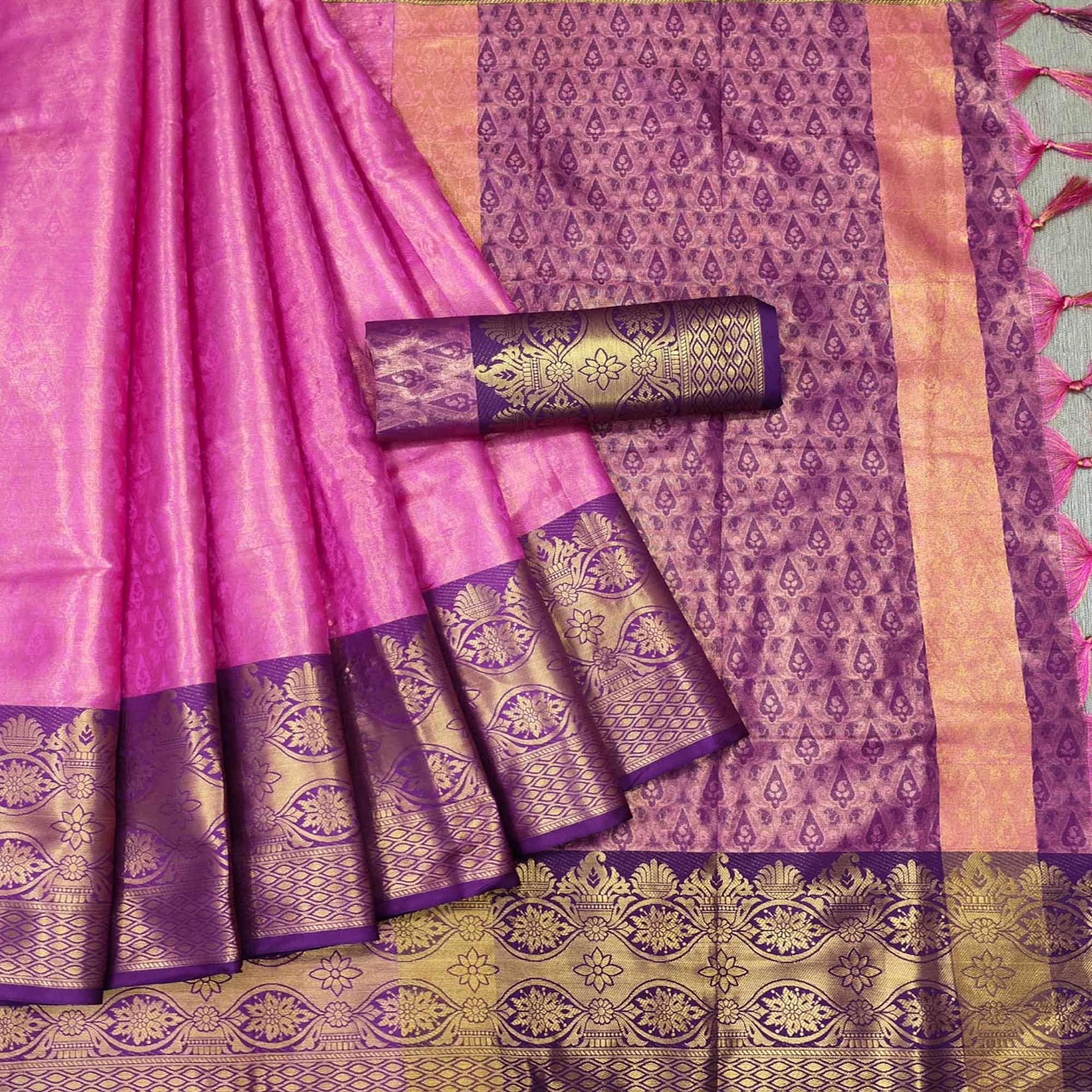Pink Woven Cotton Silk Saree - Peachmode