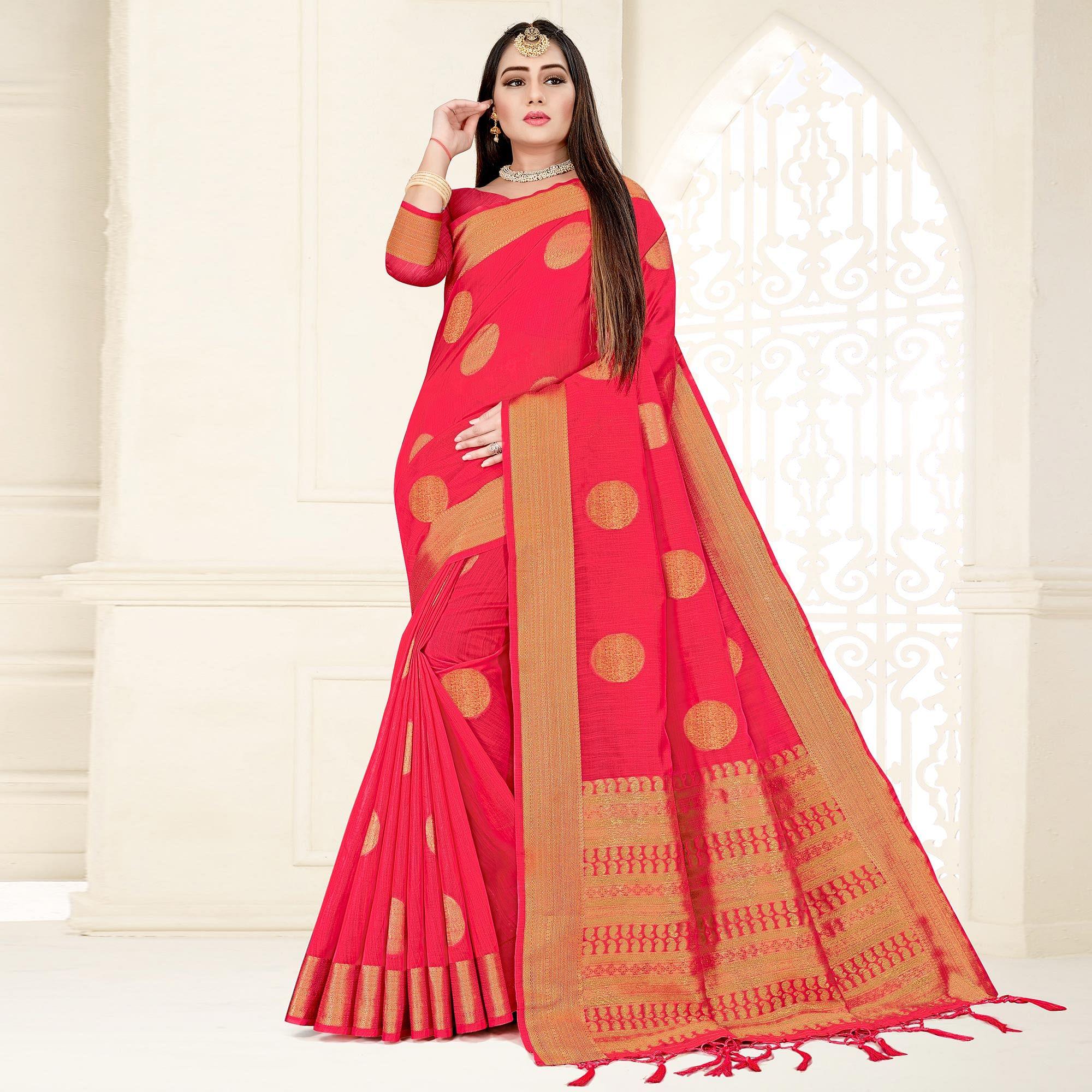 Pink Woven Cotton Silk Saree - Peachmode