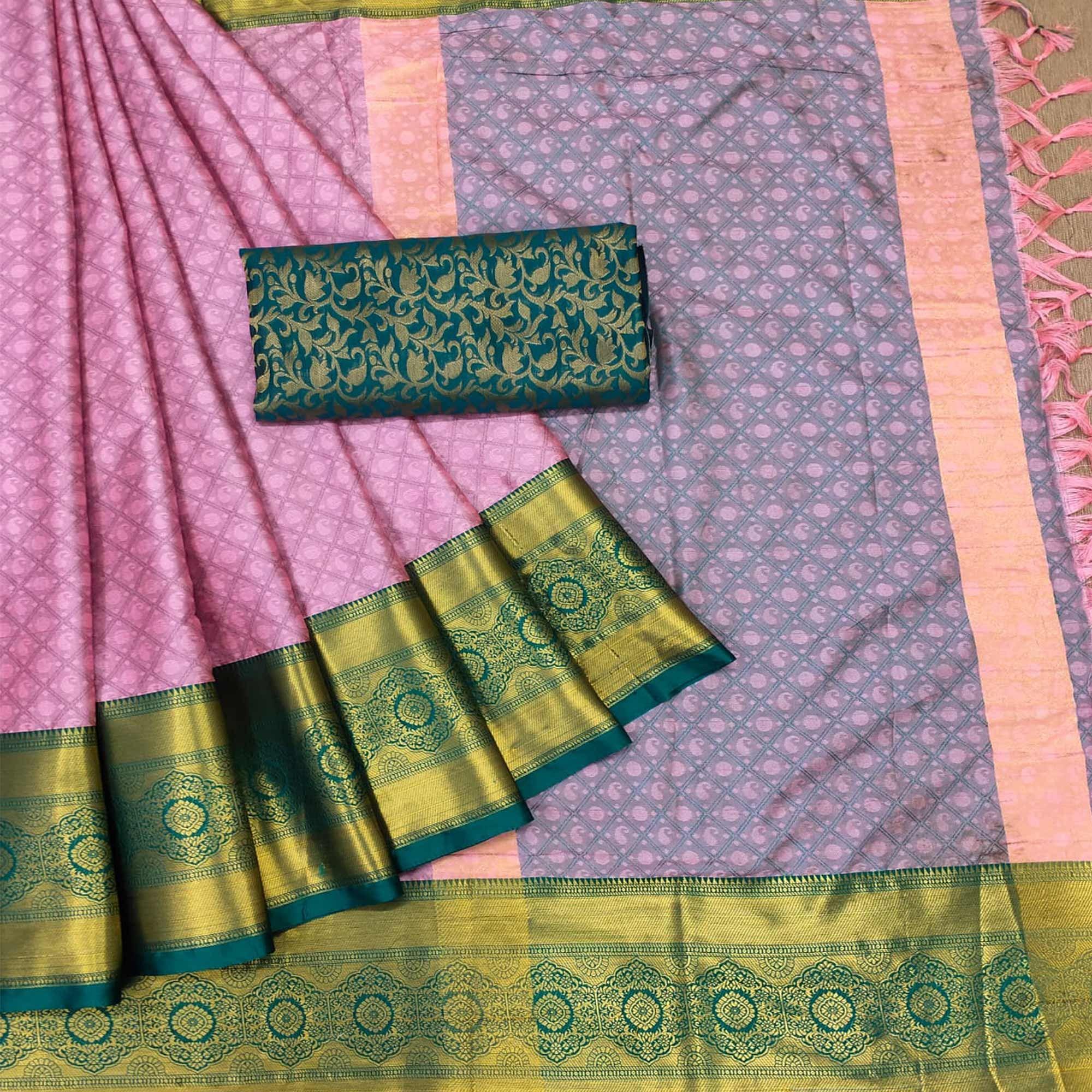 Pink Woven Cotton Silk Saree - Peachmode