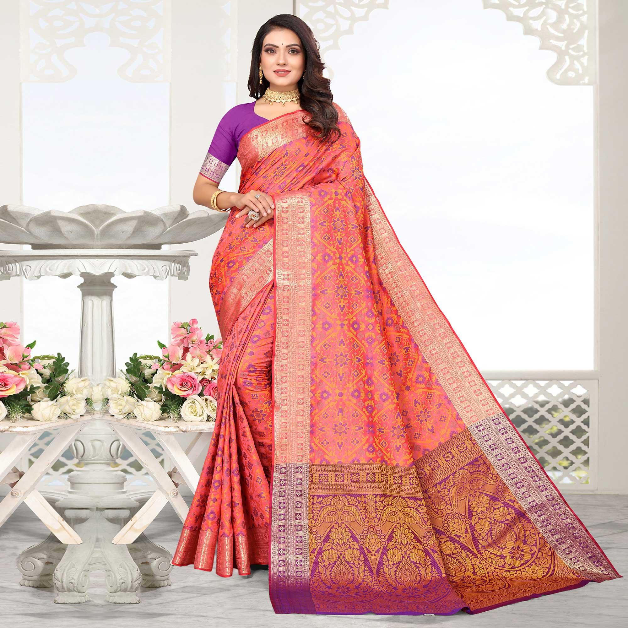 Pink Woven Cotton Silk Saree - Peachmode