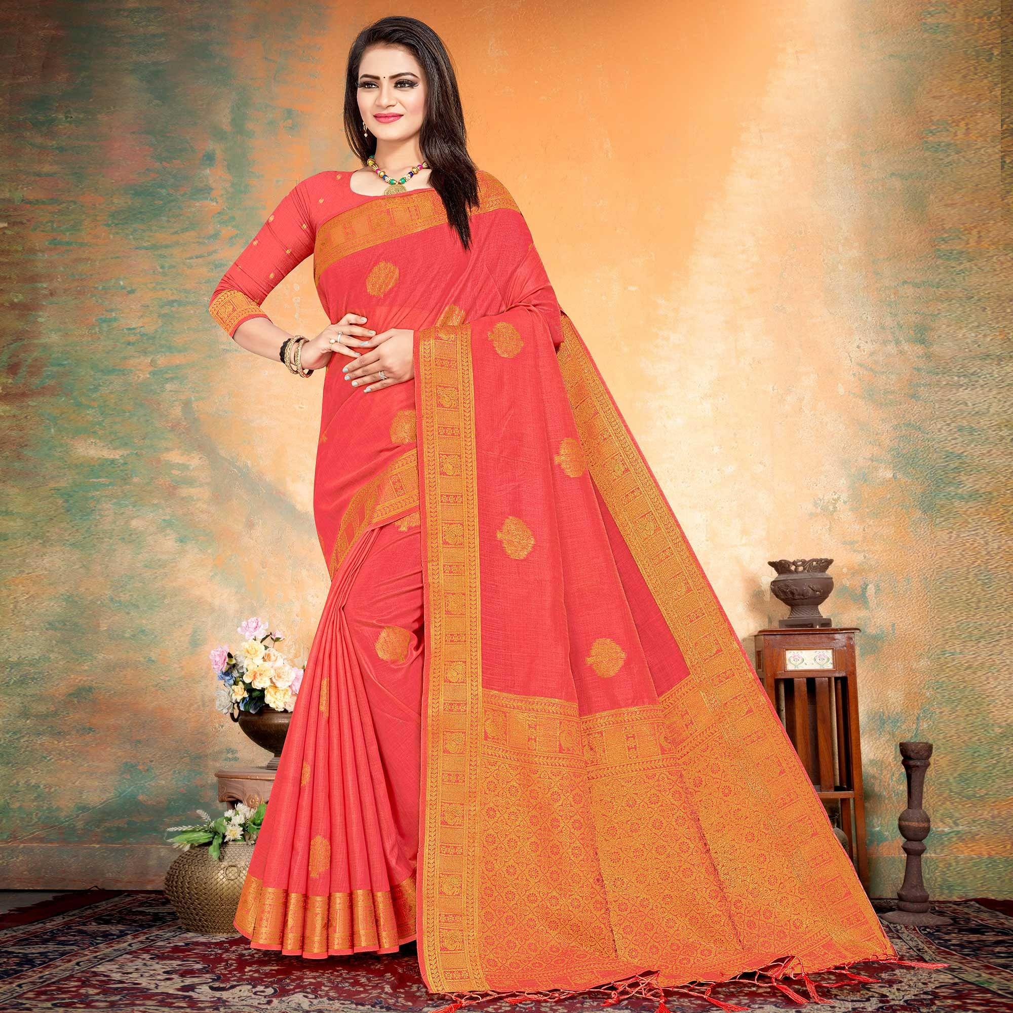 Pink Woven Cotton Silk Saree - Peachmode