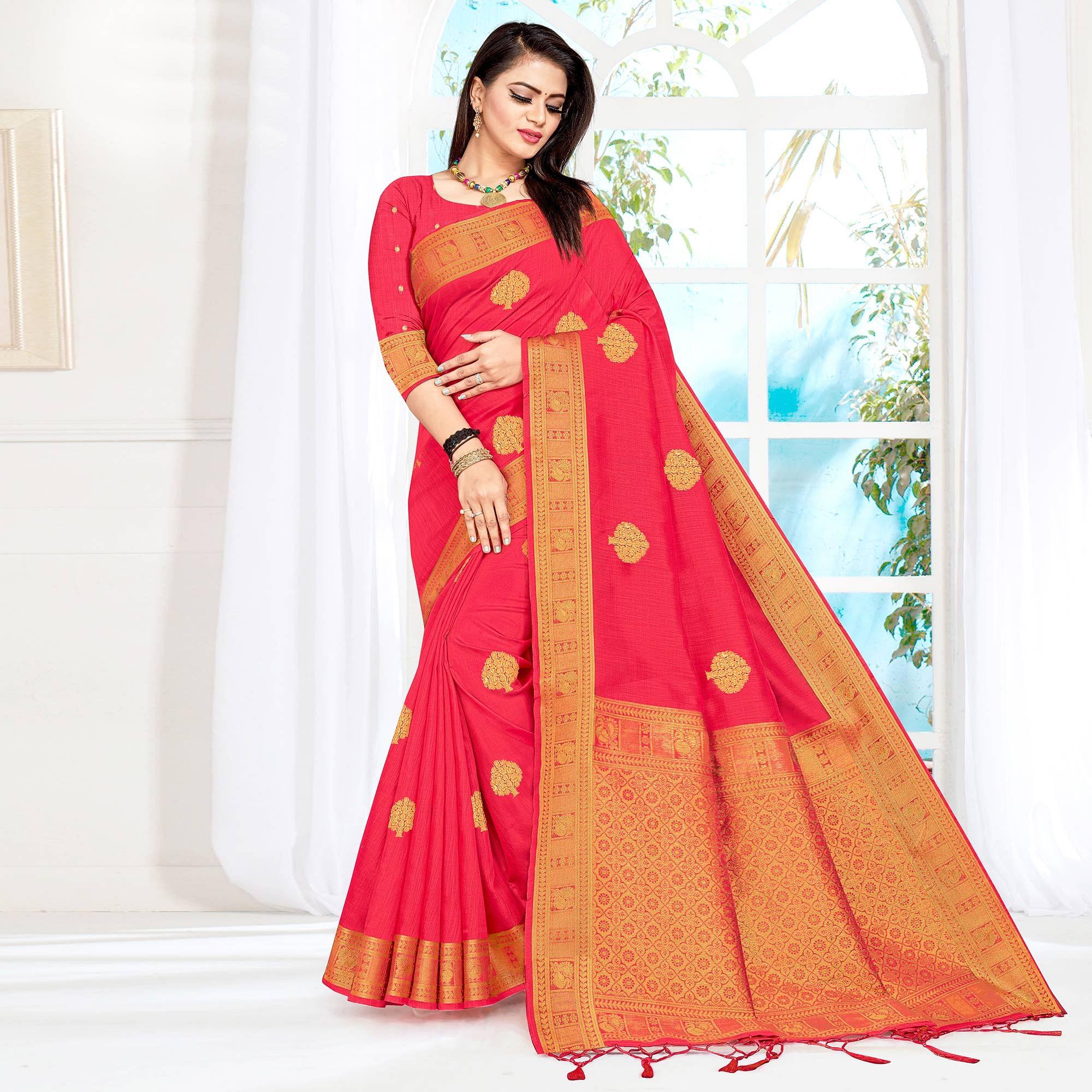 Pink Woven Cotton Silk Saree - Peachmode