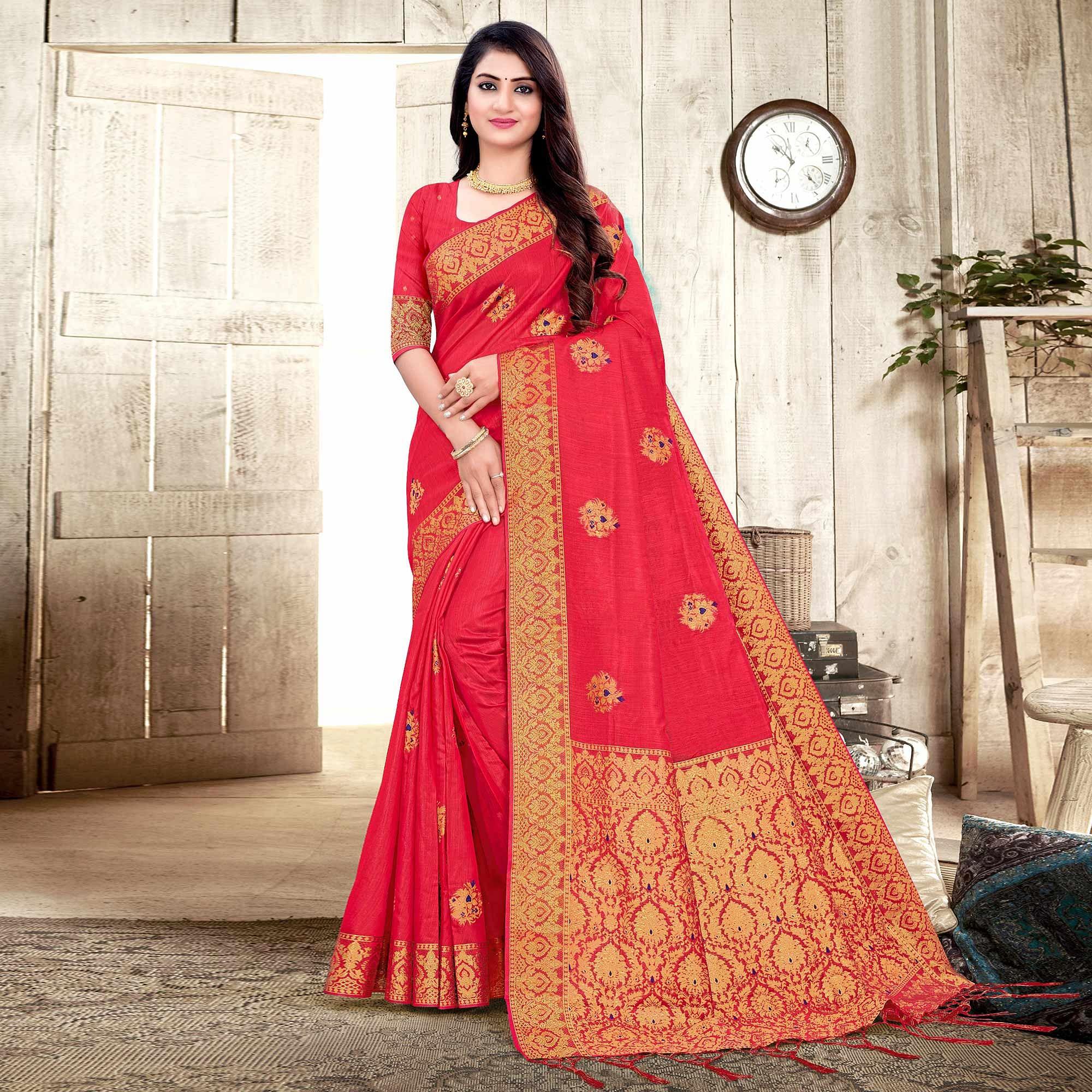 Pink Woven Cotton Silk Saree - Peachmode