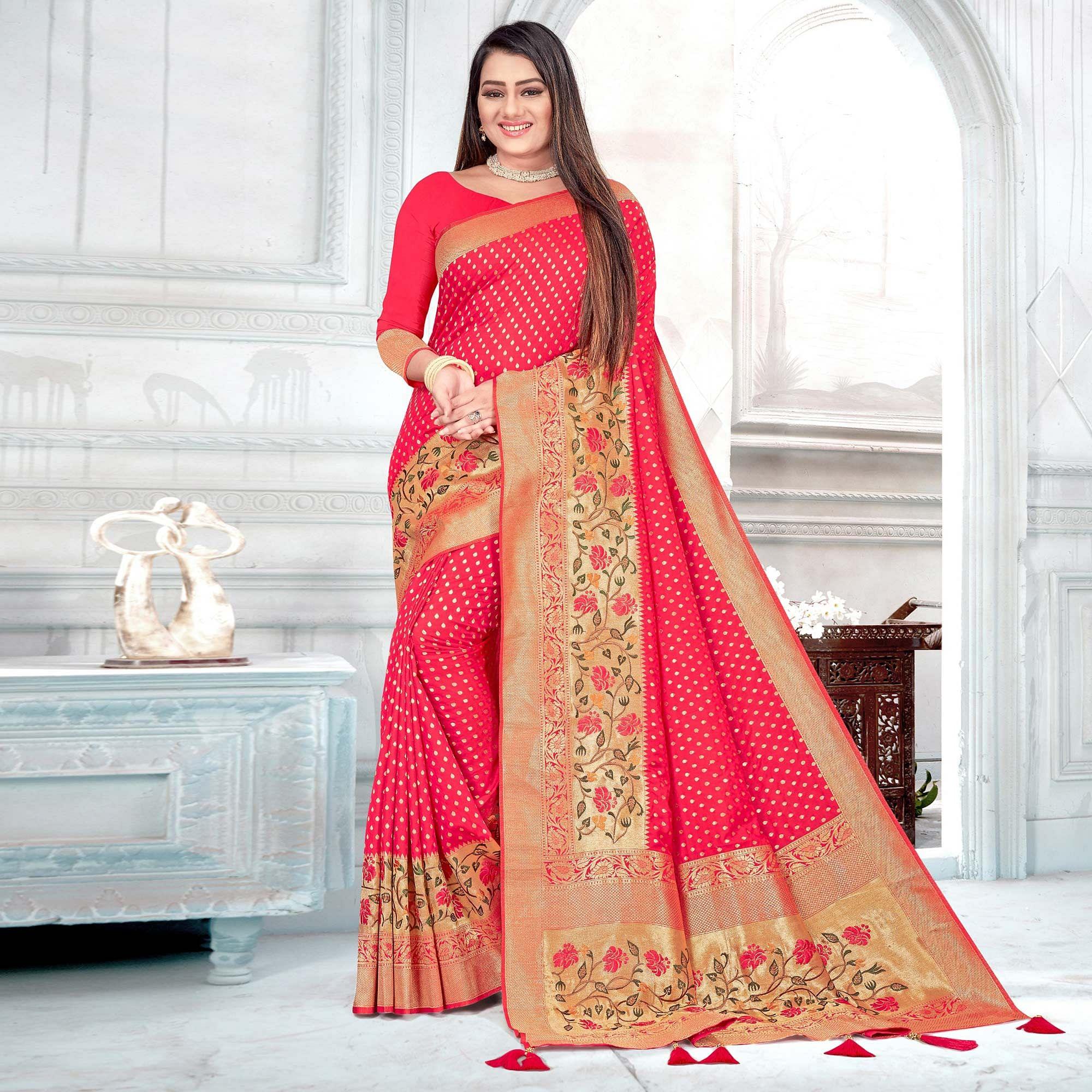 Pink Woven Cotton Silk Saree - Peachmode