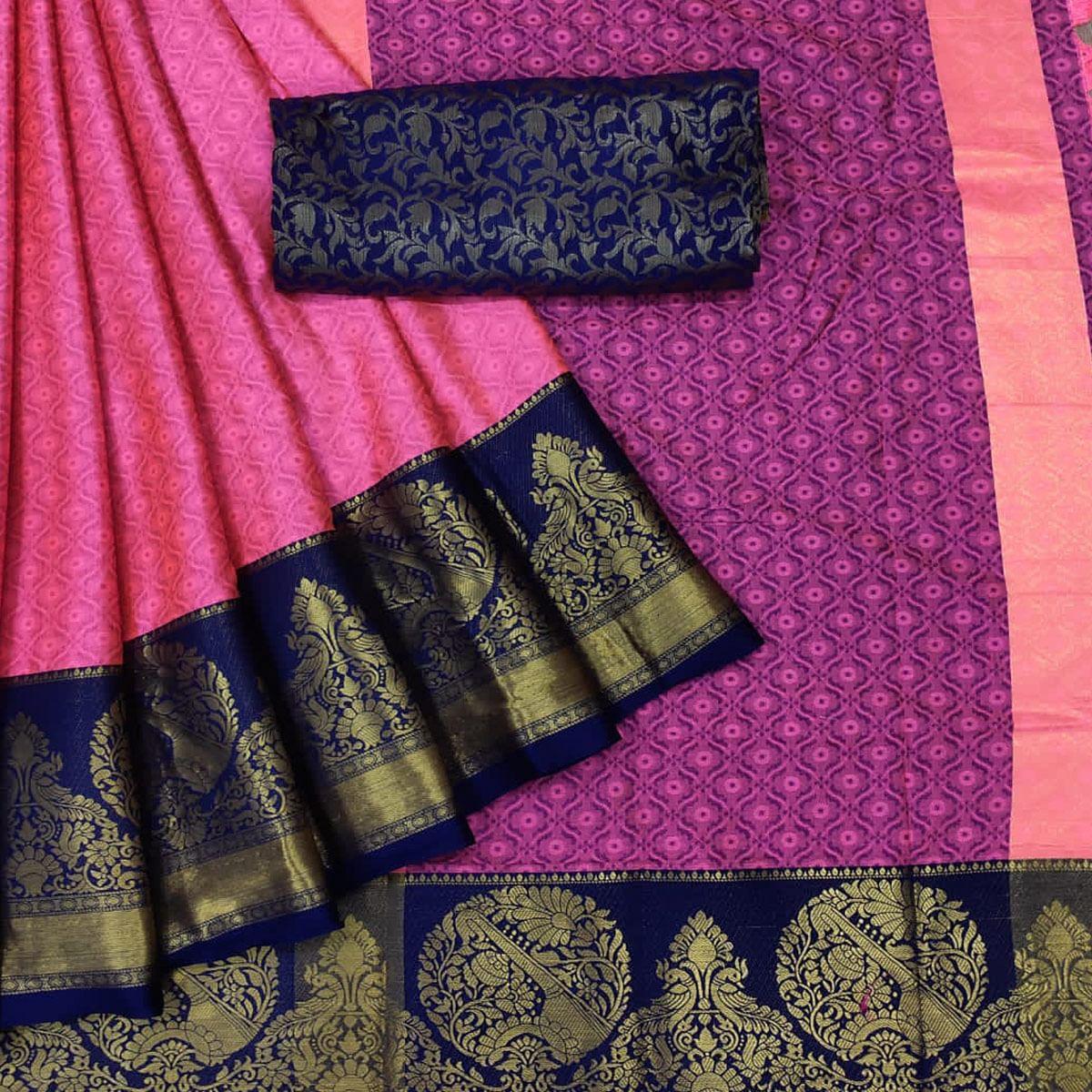 Pink Woven Cotton Silk Saree - Peachmode