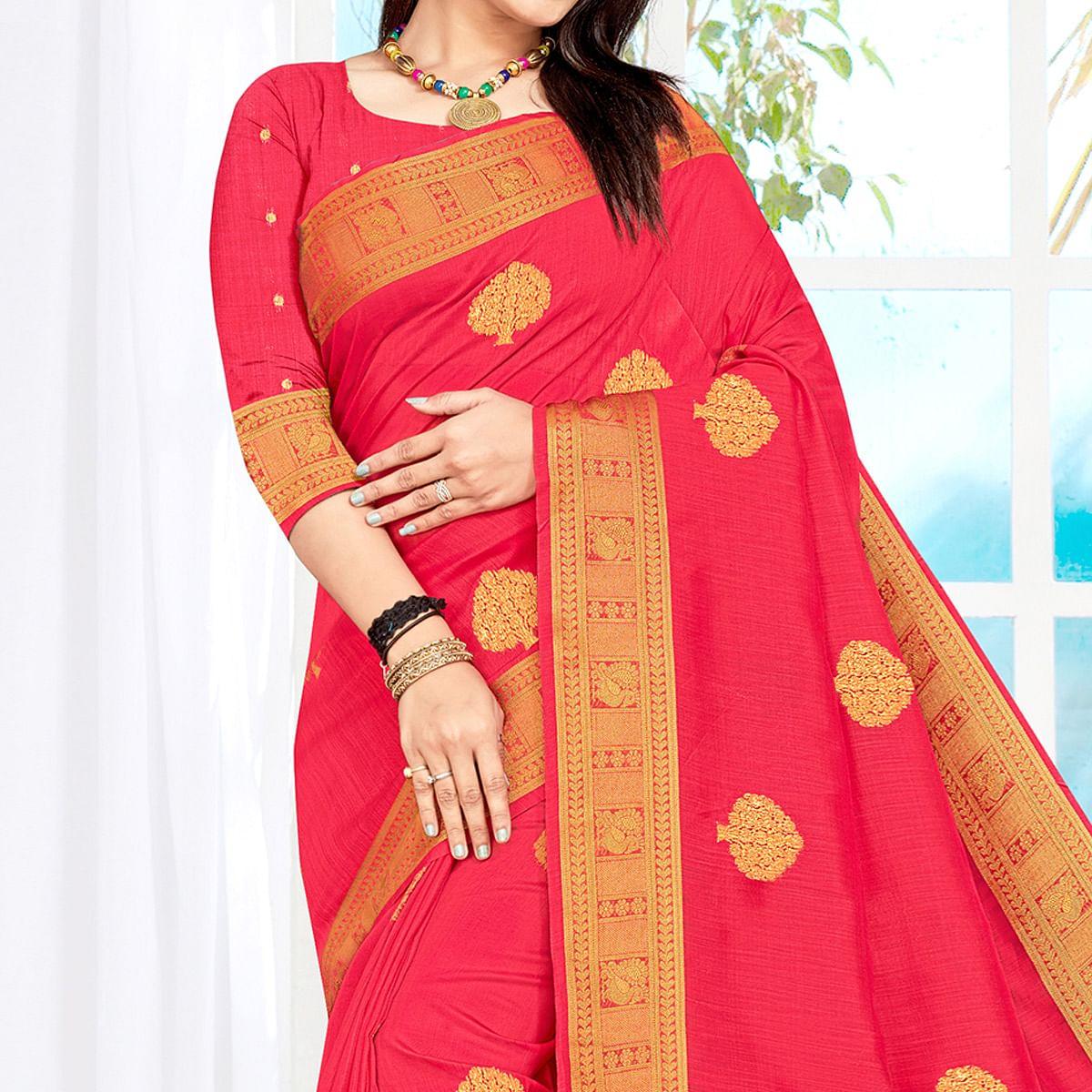 Pink Woven Cotton Silk Saree - Peachmode