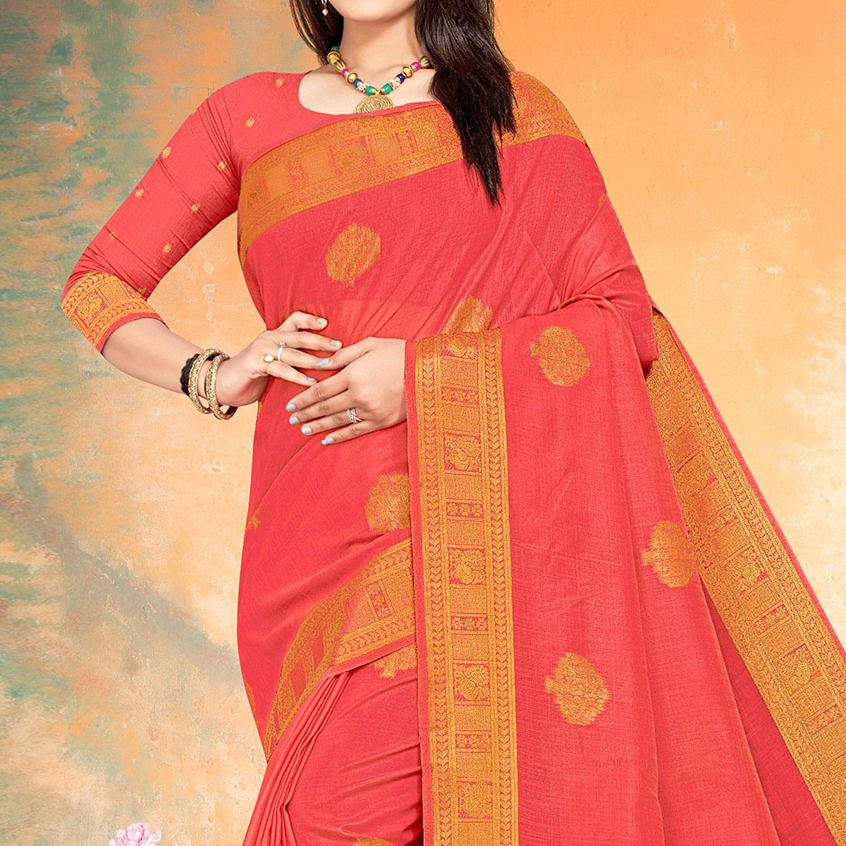 Pink Woven Cotton Silk Saree - Peachmode