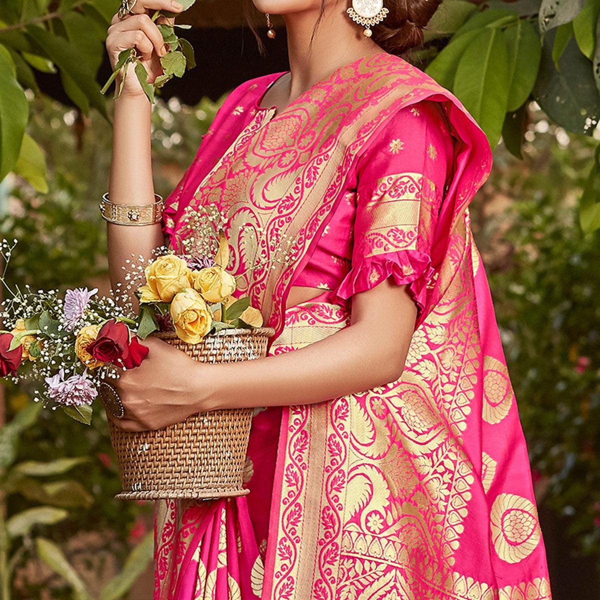 Pink Woven Cotton Silk Saree - Peachmode