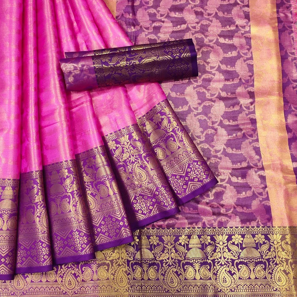Pink Woven Cotton Silk Saree - Peachmode