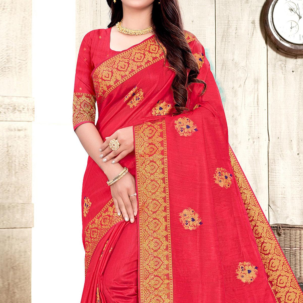 Pink Woven Cotton Silk Saree - Peachmode