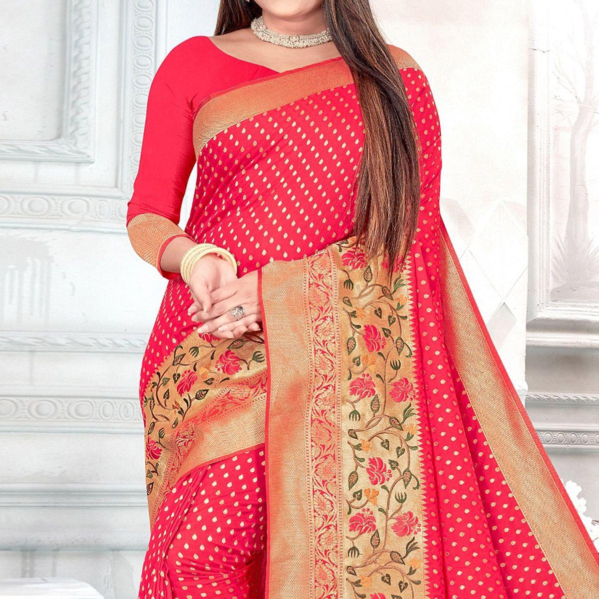 Pink Woven Cotton Silk Saree - Peachmode