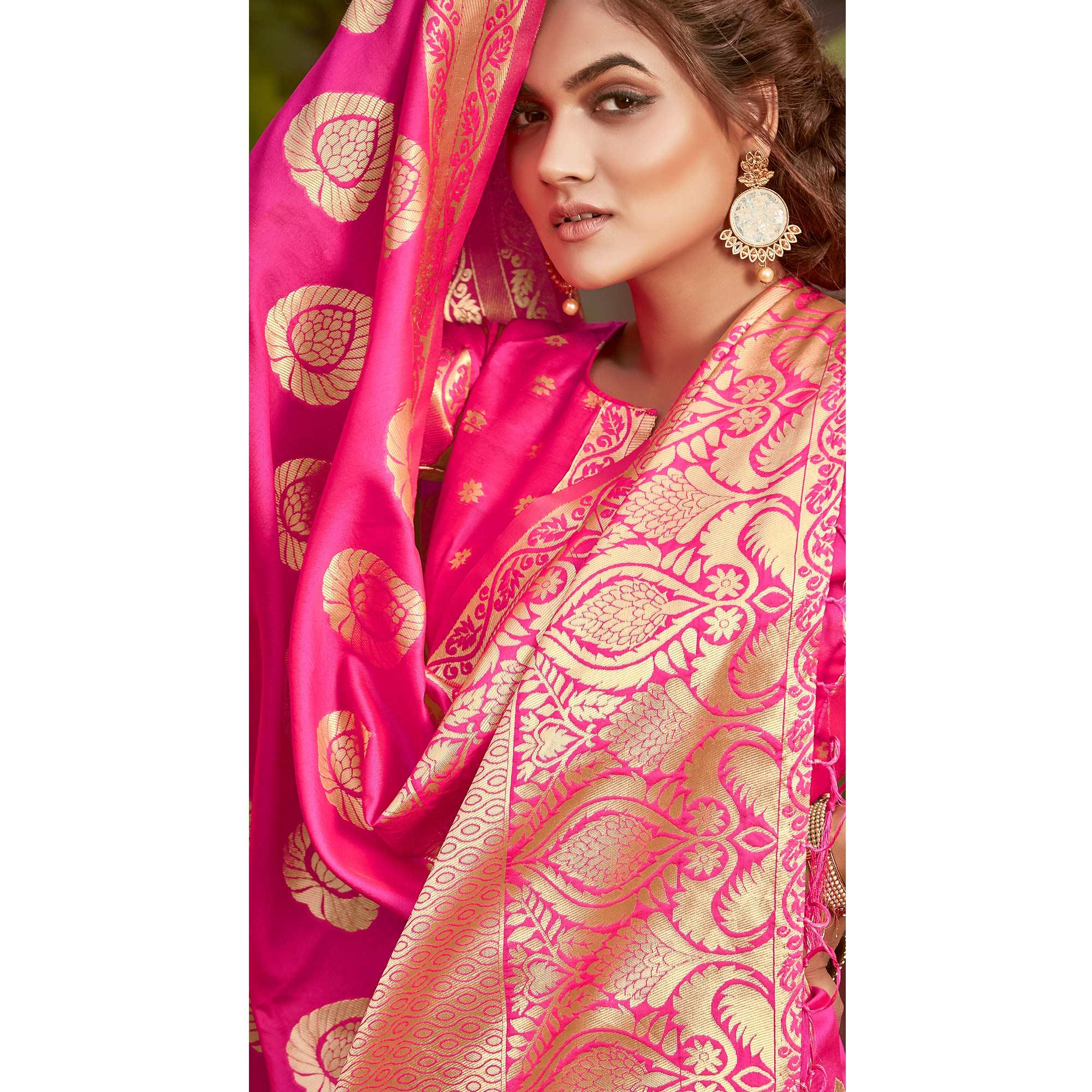 Pink Woven Cotton Silk Saree - Peachmode