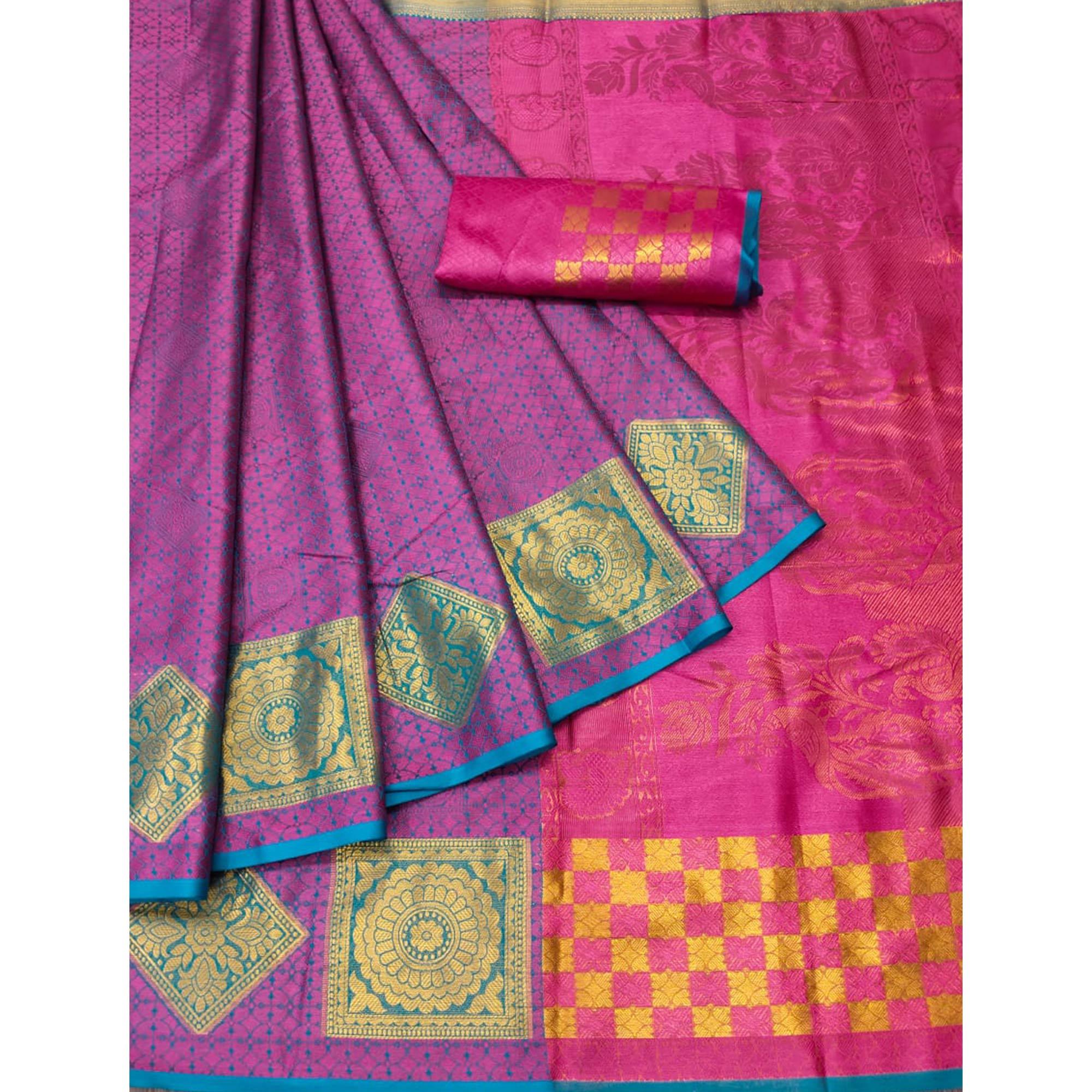 Pink Woven Cotton Silk Saree - Peachmode