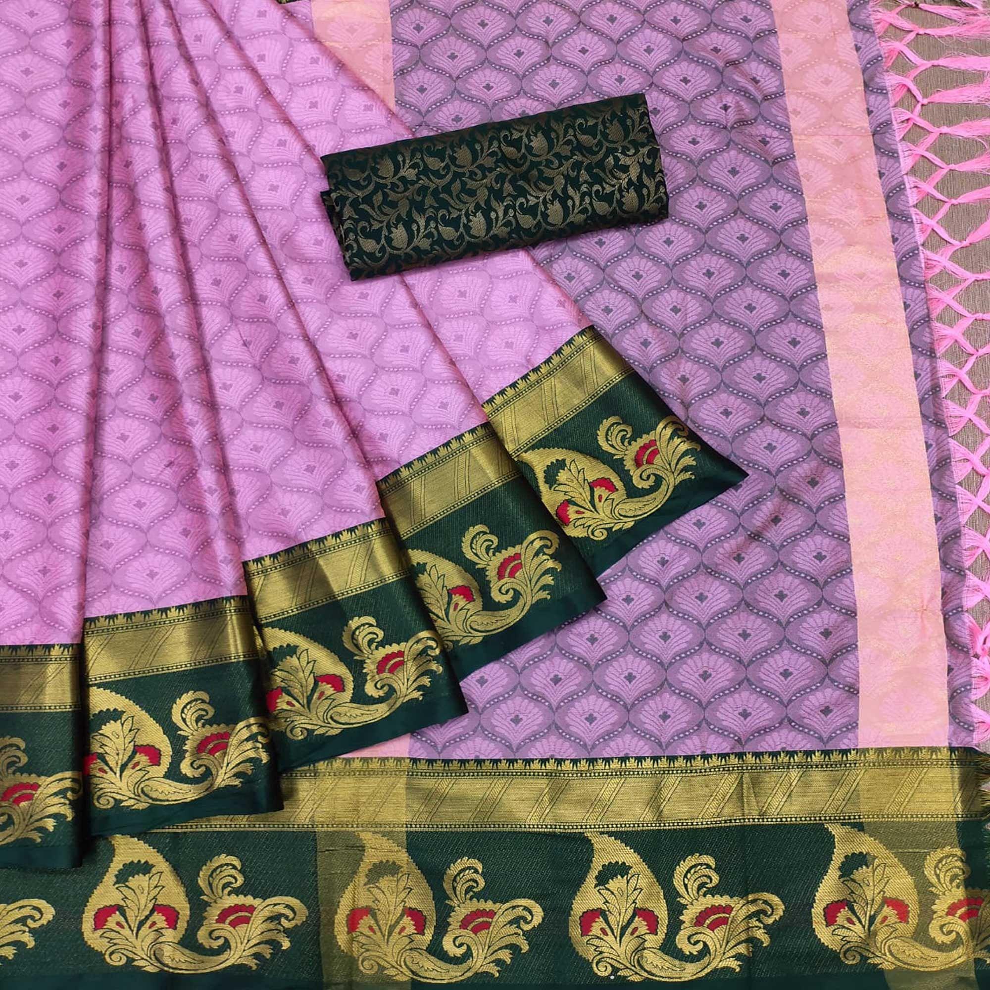 Pink Woven Cotton Silk Saree With Tassels - Peachmode